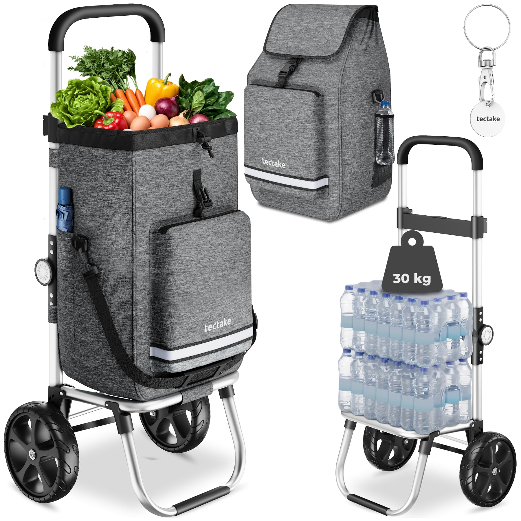 tectake® Caddie de Courses 56L, 3en1, Chariot de Courses, Sac à Bandoulière, Diable, 2 Roues étoiles Tout-Terrain, Compartiment Isotherme, Chariot à roulettes Pliable, Caddie, Cabas Roulette Marché