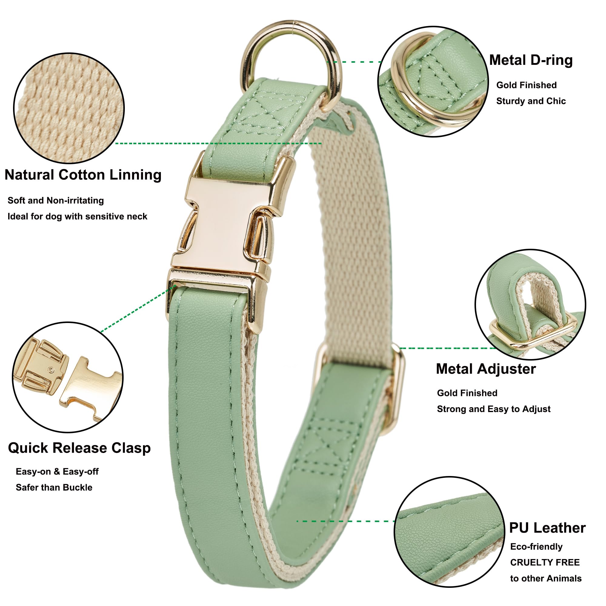 YUDOTE Soft Leather Dog Collars with Safety Quick Release Metal Buckle,Natural Cotton Padded Pleather Collar for Puppies with Senstive Skin,Sage Green - Image 4