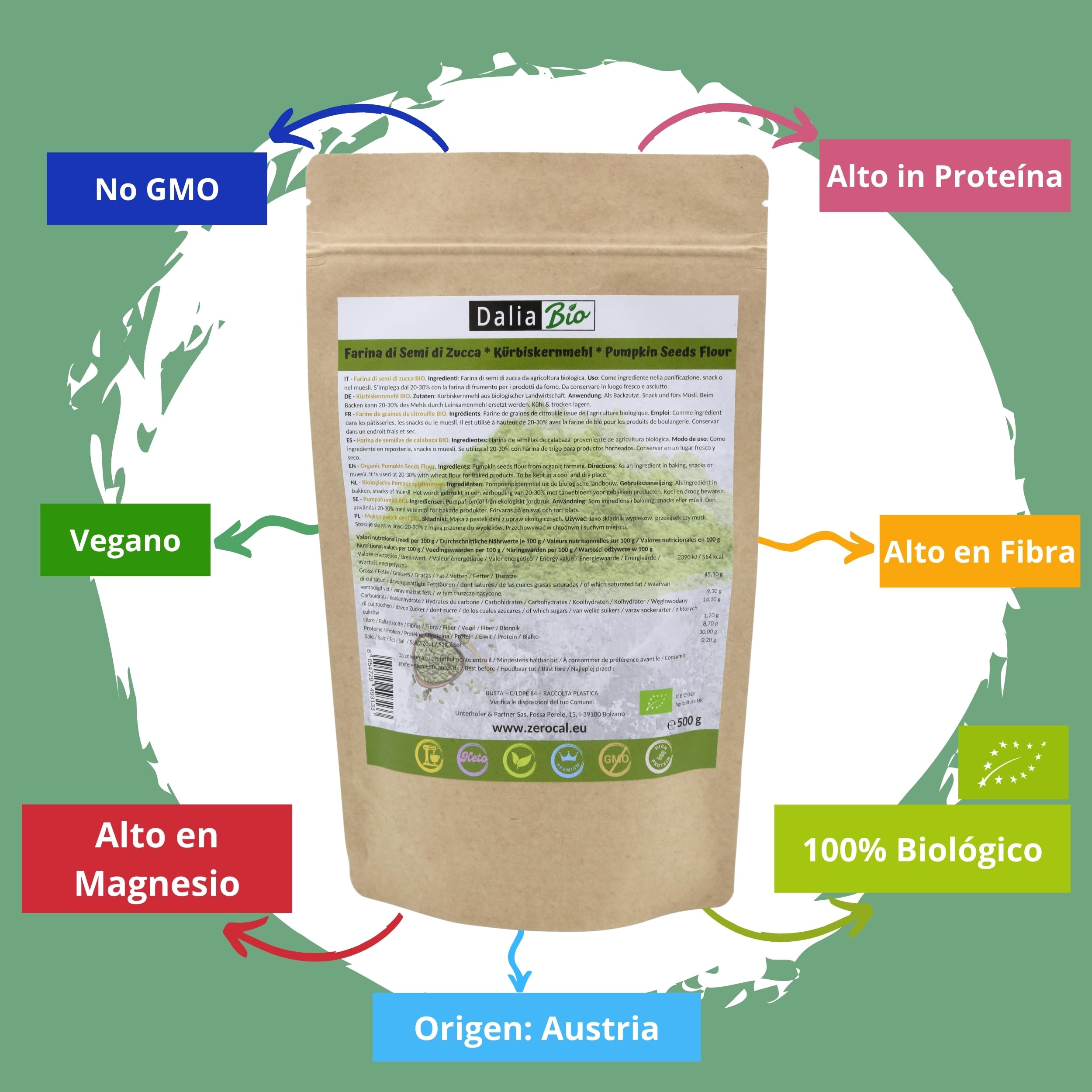 Dalia - Harina de Semilla de Calabaza Orgánica 500g | Semillas de Calabaza Molidas | Bajo en Carbohidratos, Rica en Omega 3 y Fibra | Vegano y sin gluten