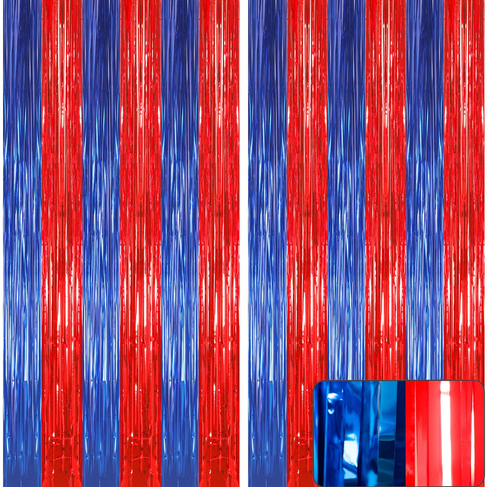 2 Pack Red Blue Metallic Foil Fringe Curtain 3.2ft x 6.5ft Tinsel Streamer Backdrop, Colour Photo Booth Background Decor for King’s Party, Football Match, Boys Spider Theme Birthday Party Supplies
