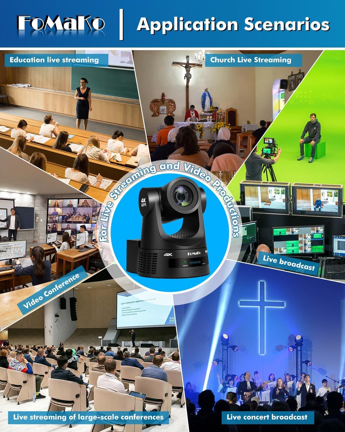 FoMaKo 4K 60FPS NDI HX3 PTZ Kamera, 30x Optischer Zoom, NDI-Ausgang 4K@60, KI-Auto-Tracking, 3G-SDI HDMI2.0 LAN PoE USB3.0, Professionelle NDI-Live-Streaming-PTZ-Kamera (K630N)