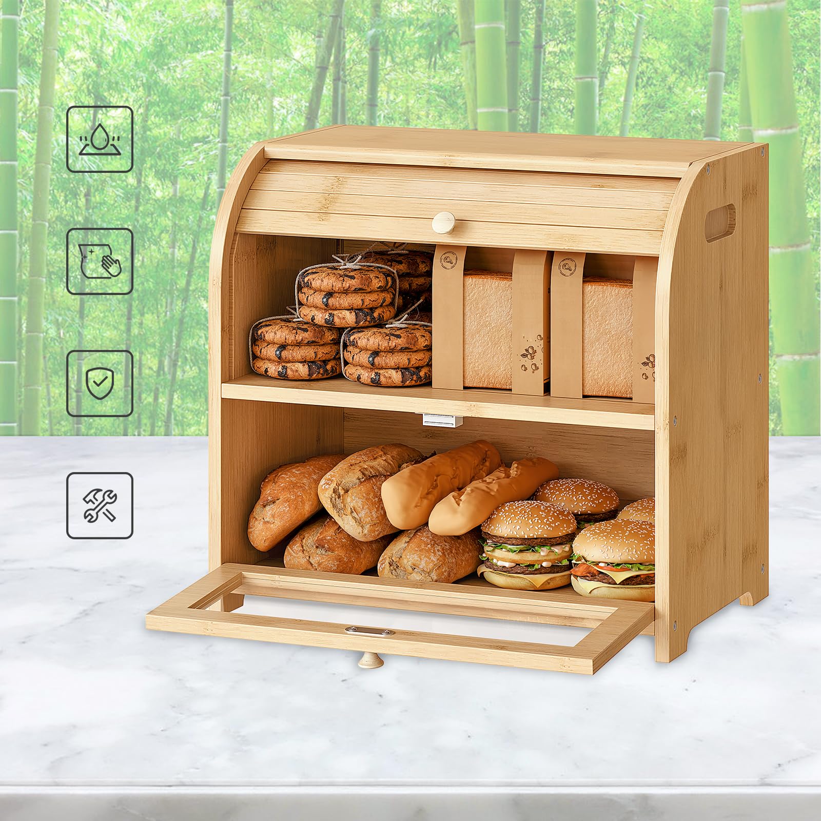 HOOBRO Panera de Bambú, Caja de Pan para Cocina de doble Nivel, Estuche de Alimentos con Puerta Enrollable, Acrílica Transparente, para Comedor, Restaurante, Bambú Natural EYL13MB01
