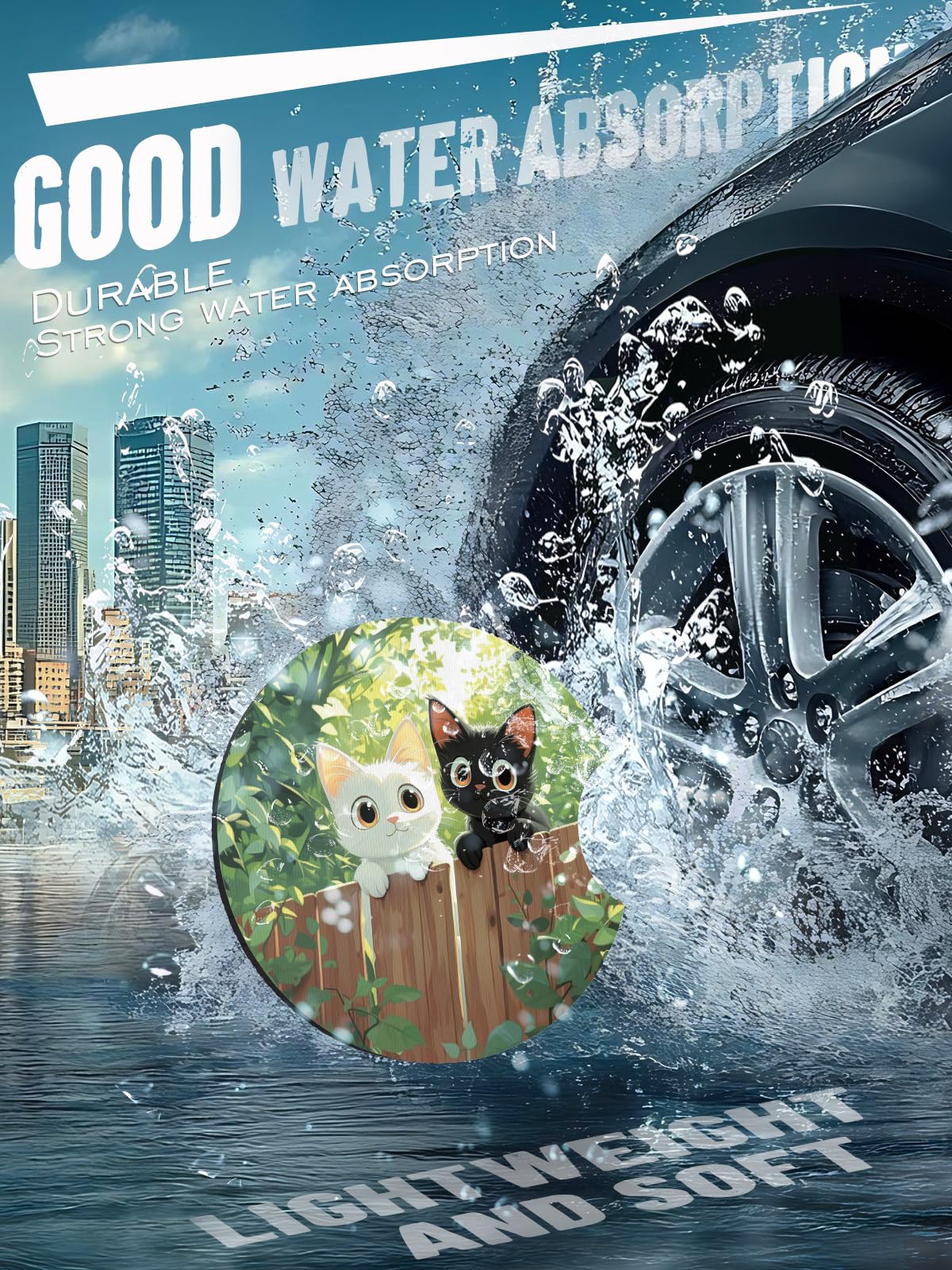 Car Cup Coasters,2 Pack Car Coaster,2.75inch Anti Slip and Absorbent Cars Coasters for Cup Holders,Neoprene Car Accessories for Women,Cute Decor for Women(Two Cats)