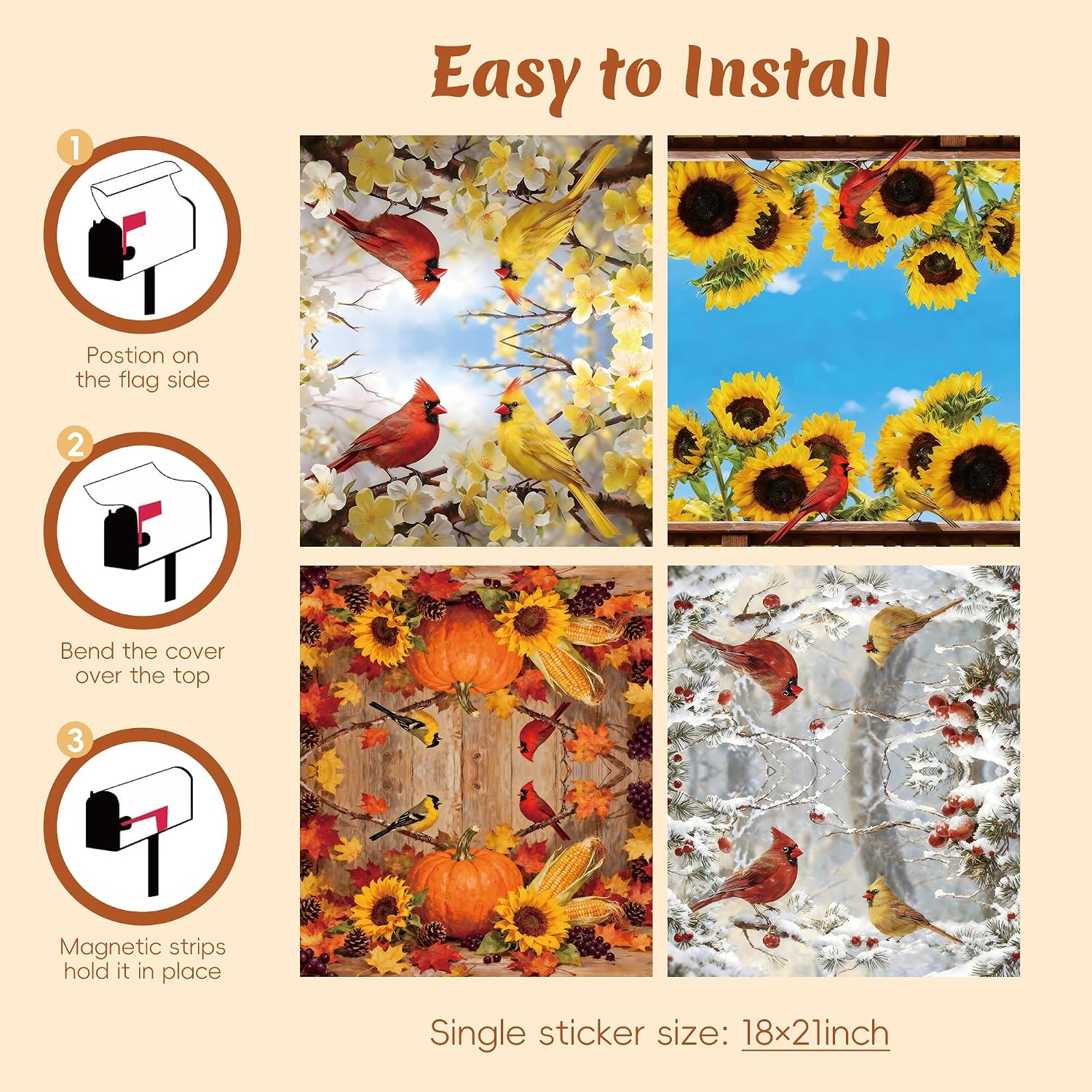 4 Pcs Cardinal Bird Mailbox Cover Summer Autumn Winter Red Birds Mail Box Covers Magnetic Standard Size 21x18 inch Mailbox Wrap Decorative Mailboxes for Outside Garden Yard