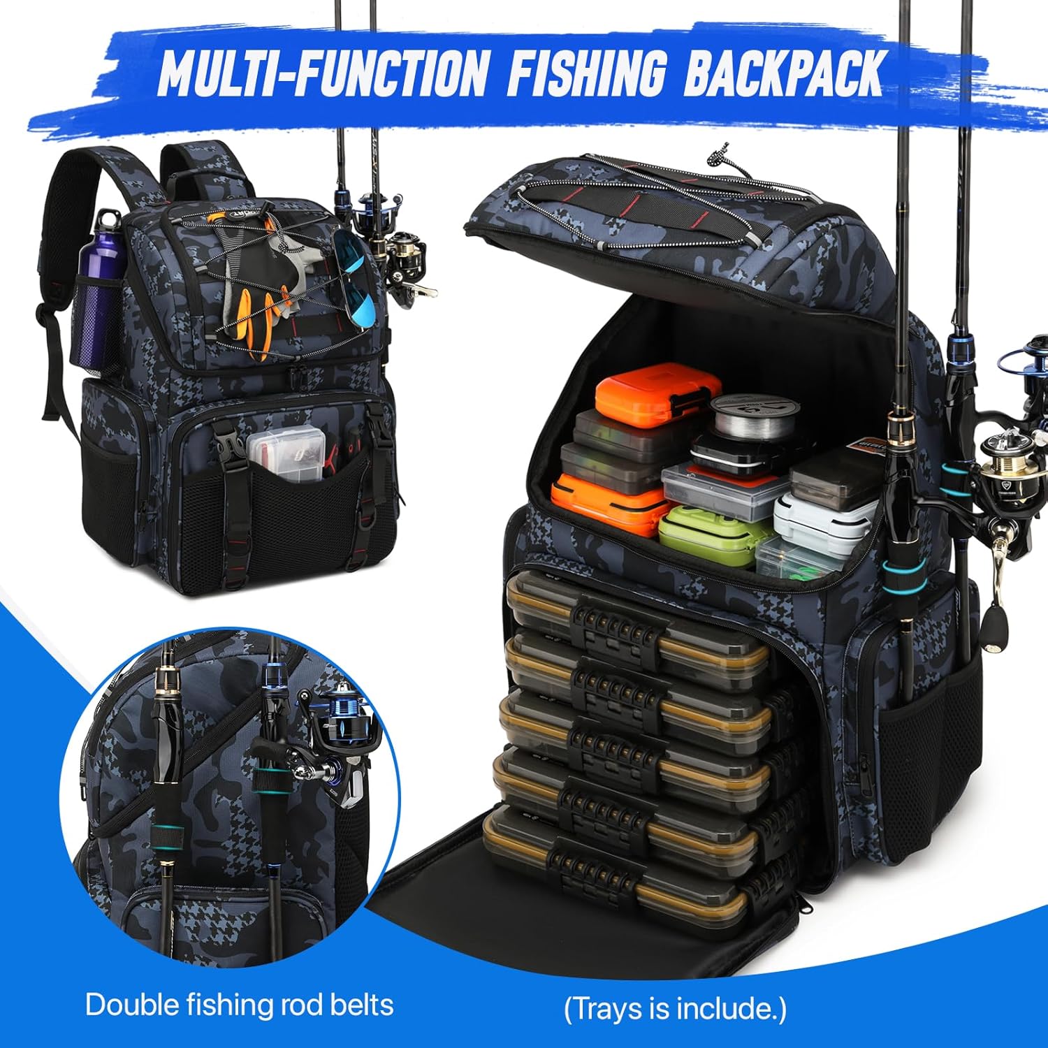 Fishing Backpack, 45L Large Cooler Fishing Tackle bag with Rod Holders & Rain Cover, Water-resistant Store Gear(With 4 Tackle Boxes)