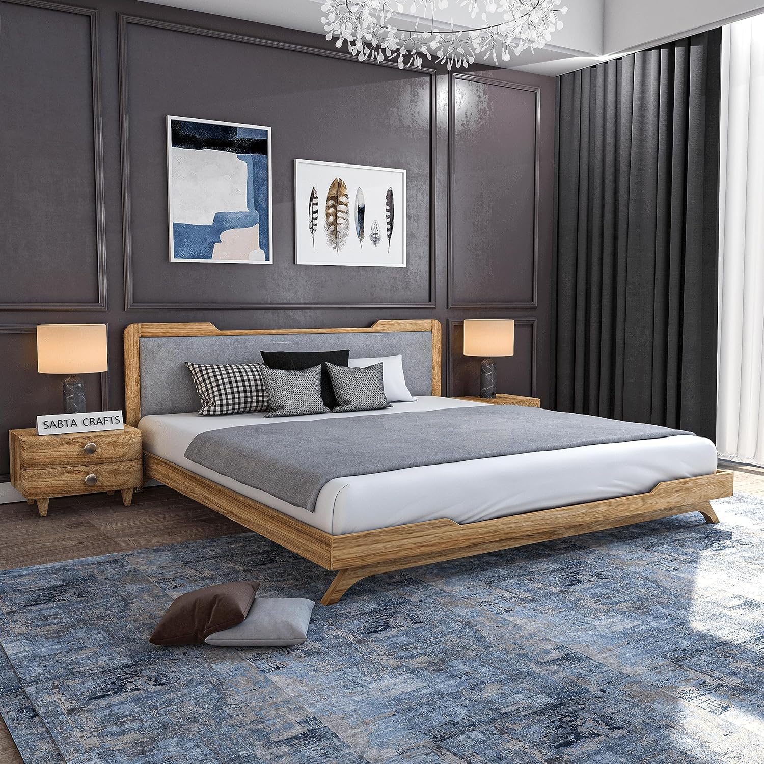 Craft Solid Sheesham Wooden Low Height King Size Bed Without Storage | Wooden Double Bed | Low Floor/Lying/Rise/Level/Profile Cot with Cushioned Headboard | Rosewood, Brown Finish & Grey Cushion-image-5
