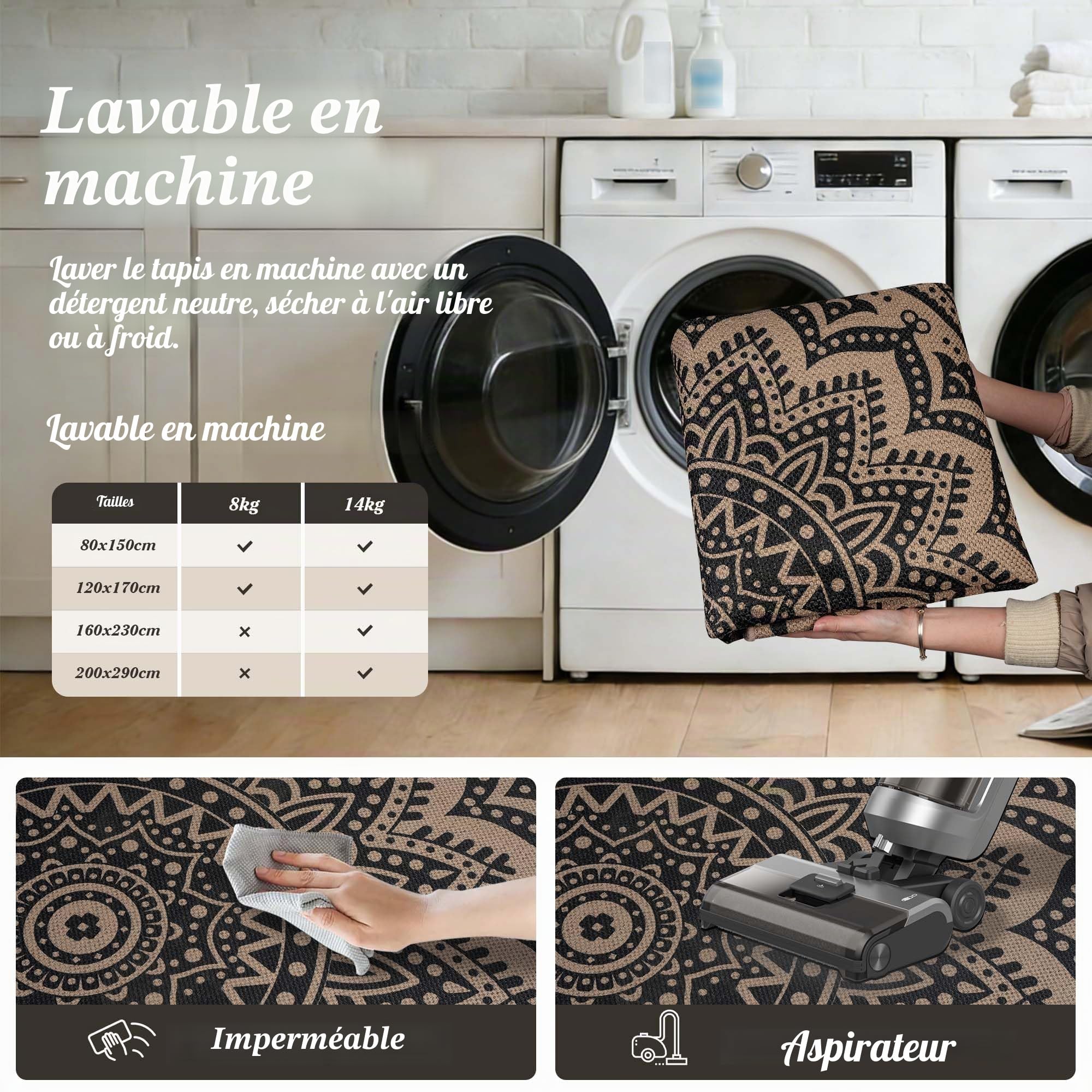 Homcomodar Tapis rond 120 cm, aspect jute, tapis de salon, extérieur, lavable, style bohème, marron, pour chambre, balcon, terrasse