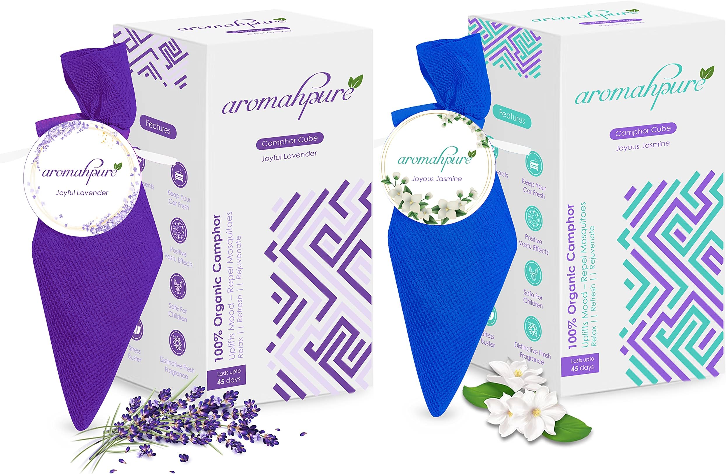 Camphor Cube | Pack of 2| Joyous Jasmine & Joyful Lavender Fragrance | 45 Days Last Long| 100% Pure & Organic Camphor Cube for Car, Room, Bathroom & Air Freshener