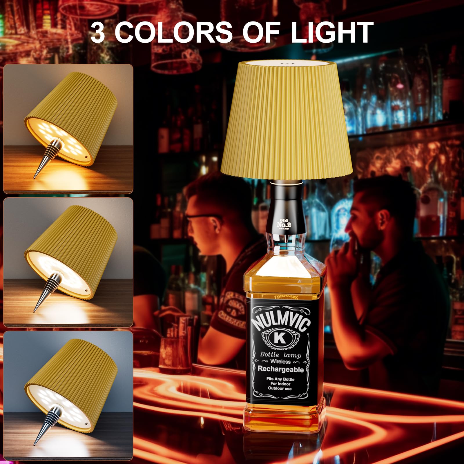 Nulmvic Lampada per Bottiglia LED Ricaricabile - 5200mAh Lampada da Tavolo Senza Fili Dimmerabile 3 Colori - IP54 Impermeabile Comando a Tocco per Interno Esterno Famiglia Ristorante Bar (Oro)