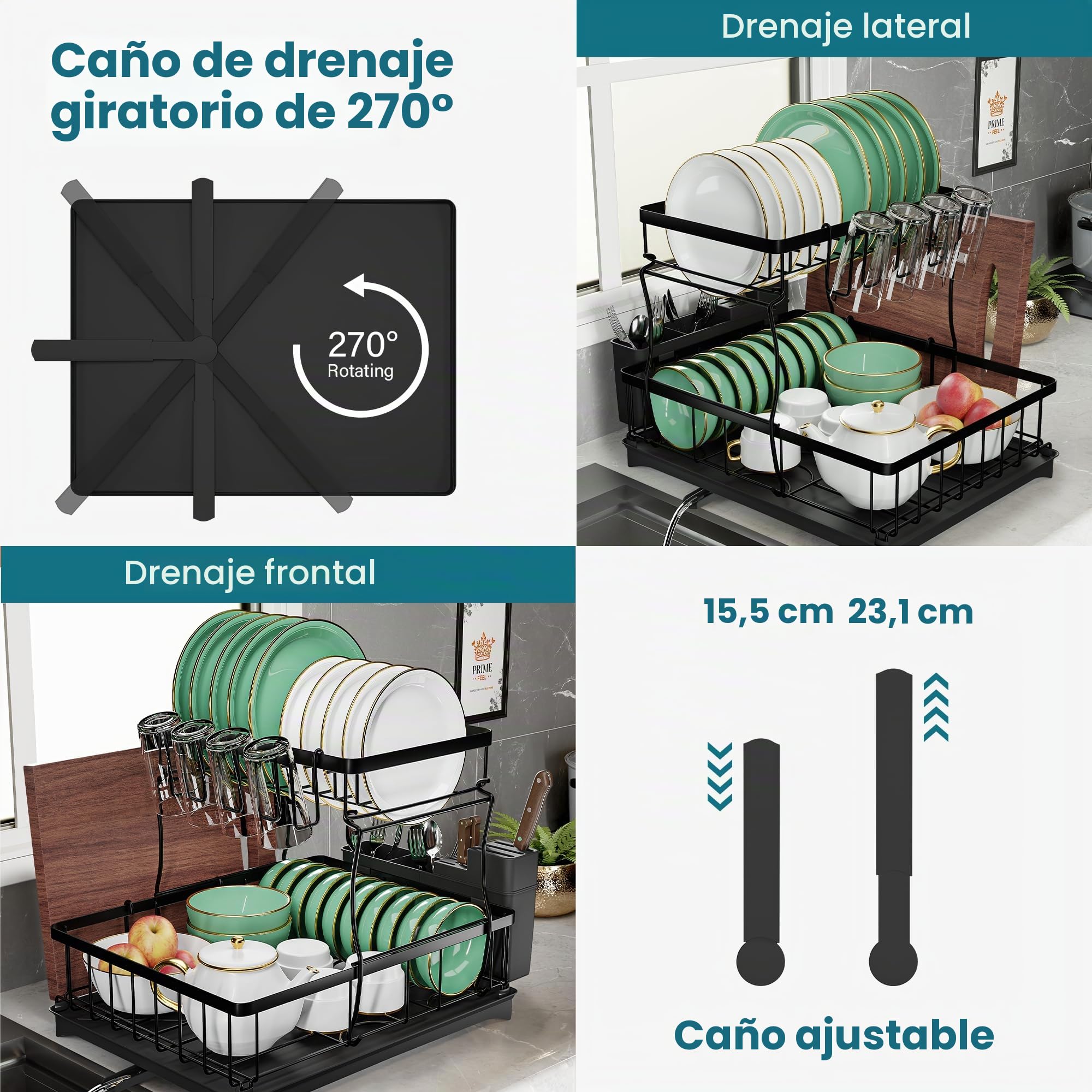 PRIME FEEL Escurreplatos de 2 niveles, escurridor de platos inoxidable para encimera de cocina, estante para tabla de drenaje con bandeja de goteo, escurridor de cubiertos, soporte de vidrio y estante