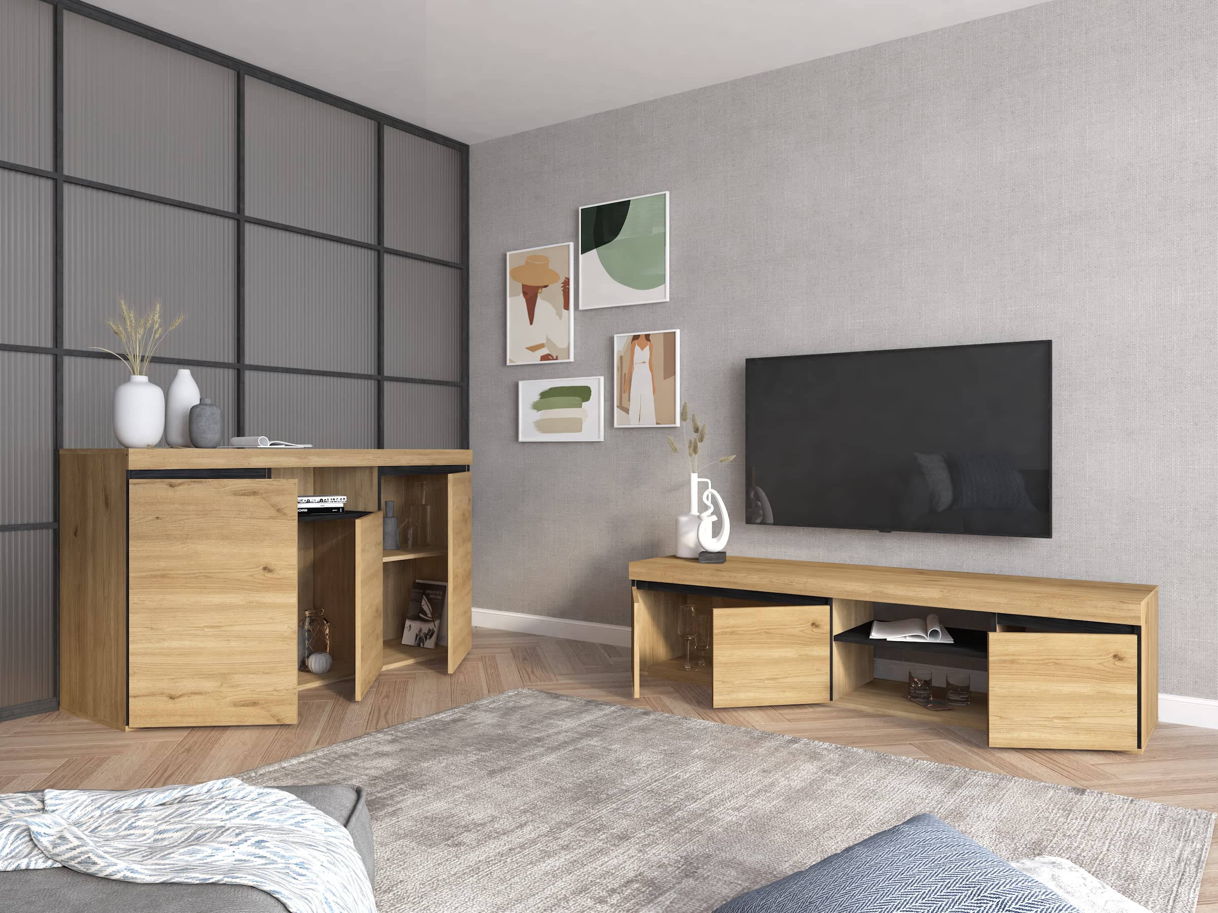 Skraut Home | Set Natural | Comedor | Mueble Auxiliar | Aparador Mueble TV 160 cm | Acabado Color Roble Negro nórdico