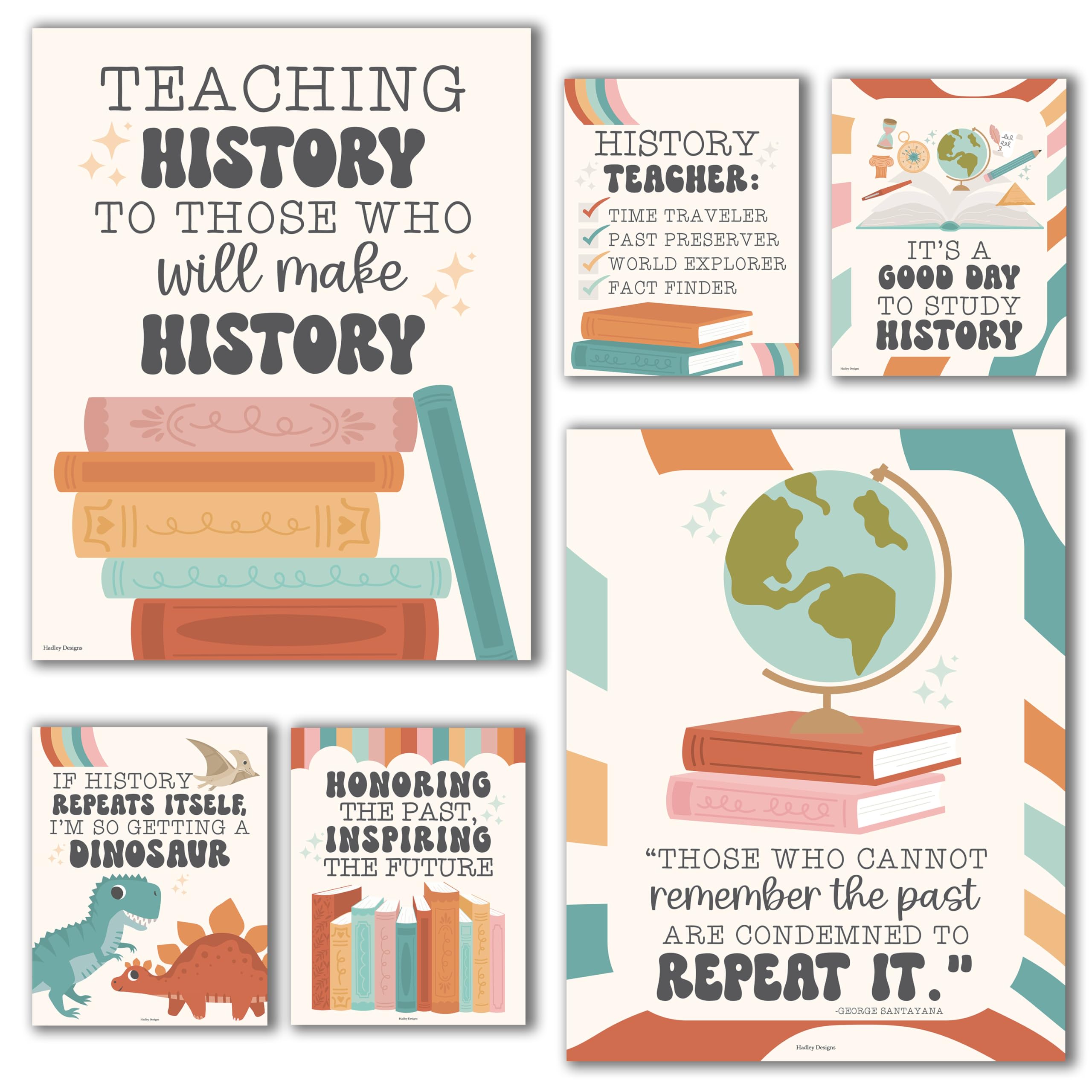 Hadley Designs 6 Social Studies Classroom Decorations - US History Posters for Elementary, Middle School and High School, Durable World History Wall Art for Teachers - Retro Classroom Decor