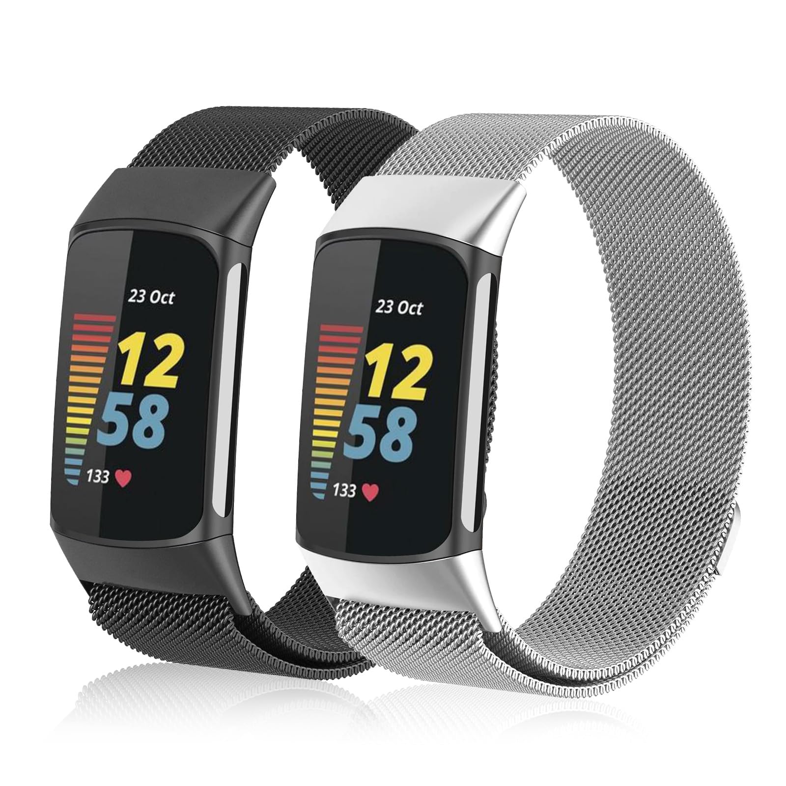 ELUTENG Cinturino Compatibile con Fitbit Charge 6/Fitbit Charge 5 Cinturino per Donne Uomini, 2 Pezzi Bracciale di Ricambio in Metallo in Acciaio Inossidabile con Magnete Migliorato, Nero & Argento