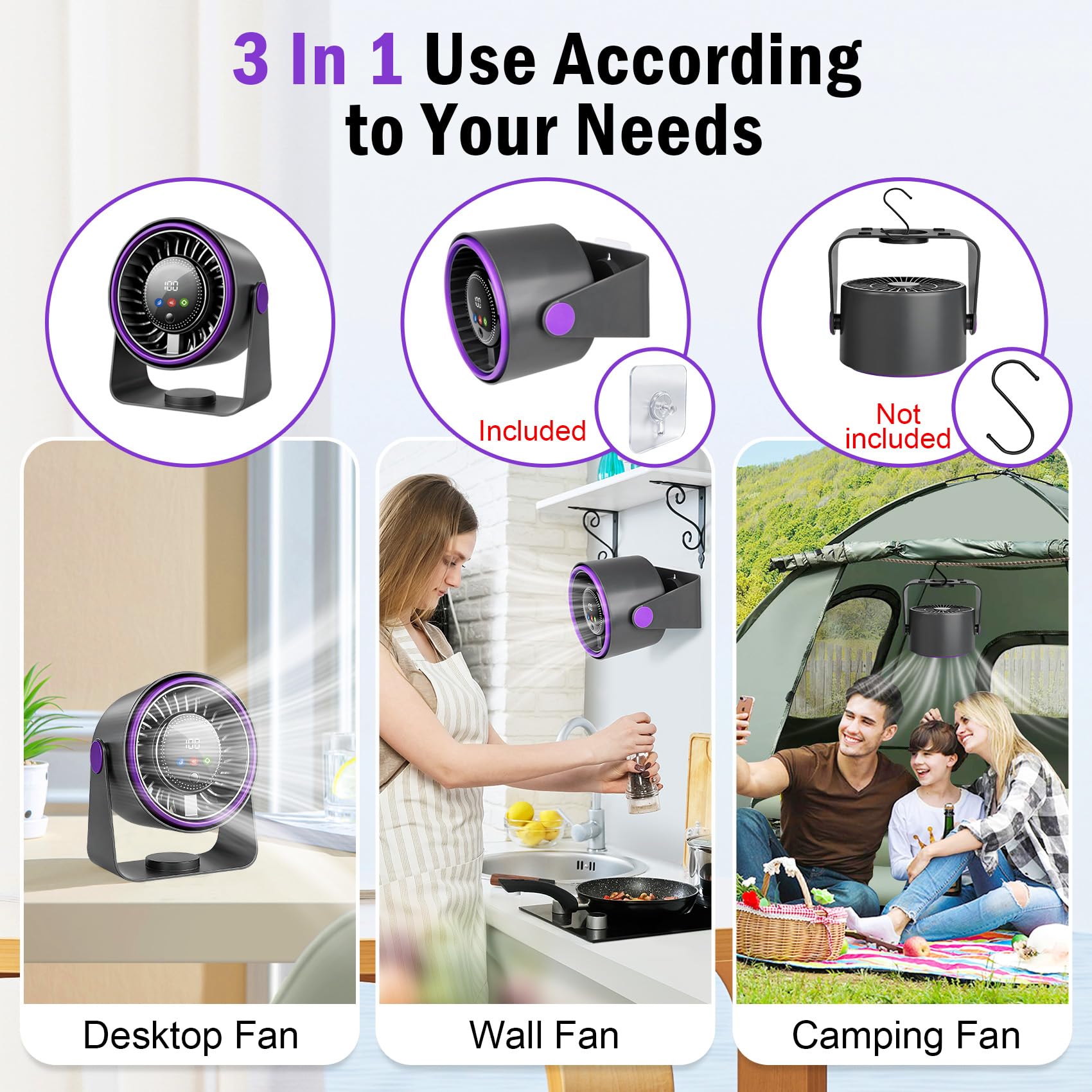 Ventilateur Silencieux de Table,Ventilateur Bureau Ventilateur USB MiNi Ventilateur Portable 3 en 1 5000mAh Vitesse du Vent Réglable Sur 5 Niveaux Réglable à 360° Pour Maison,Bureau,Camping,Extérieur - 3