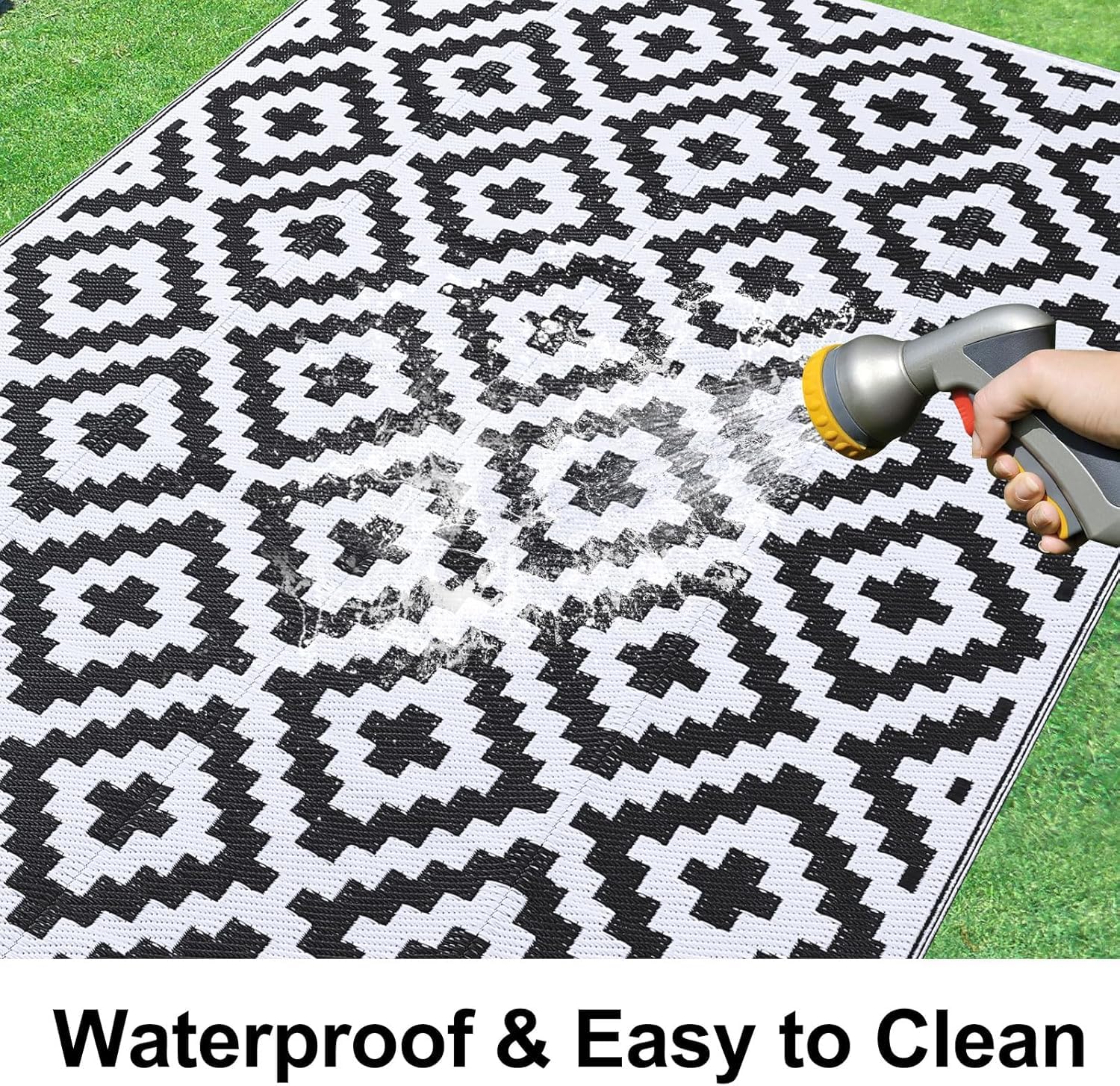 smiry Alfombra para exteriores, impermeable, resistente a los rayos UV, para patio exterior, reversible, de plástico, para balcón, camping, picnic, patio trasero, 150 x 240 cm, blanco y negro