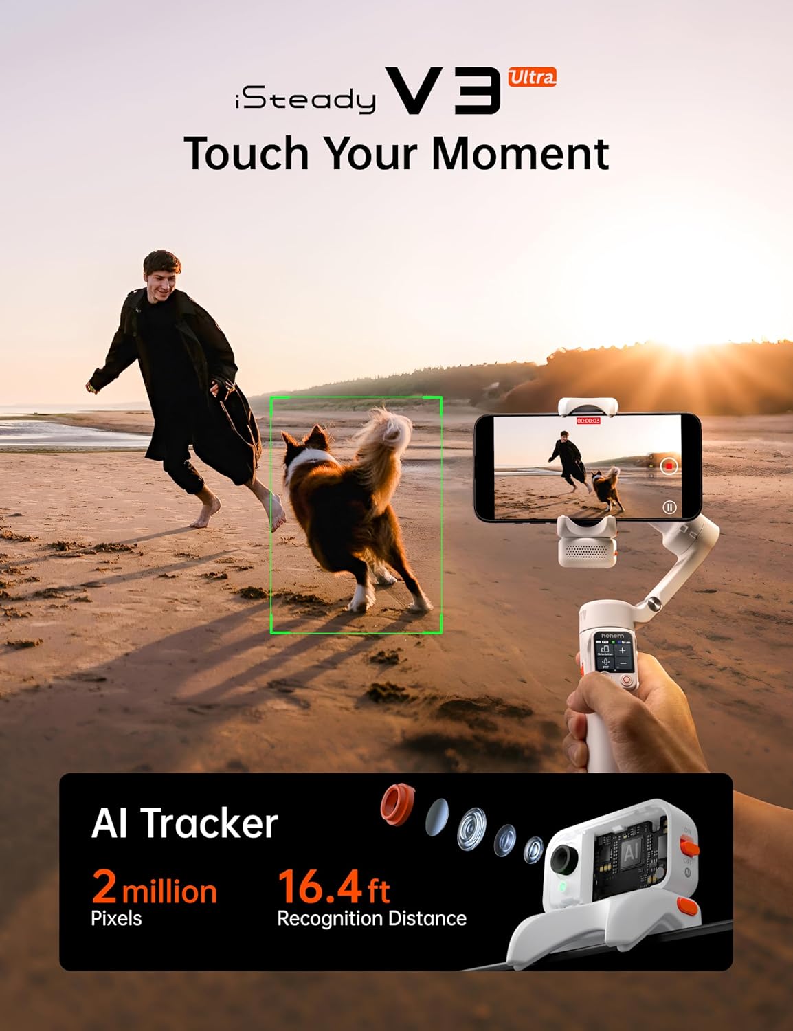 Hohem iSteady V3 Ultra Gimbal unfolded with phone mounted