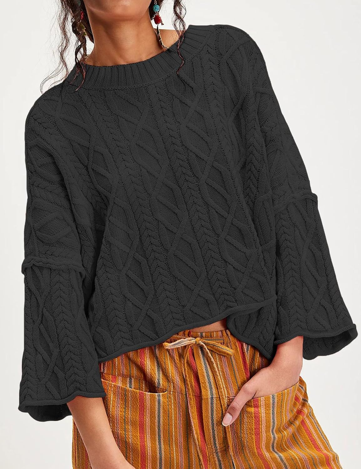 Zontroldy Women's Crewneck Lantern Sleeve Boxy Cable Knit Sweater Cropped Pullover Sweaters Jumper - Image 2