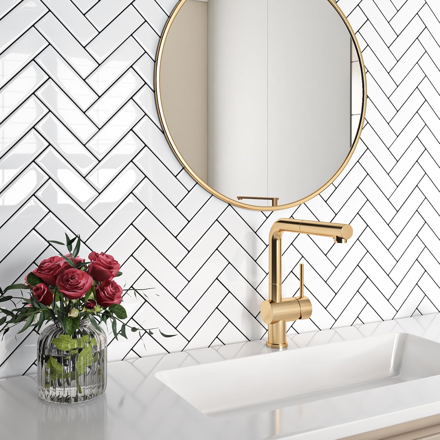 Livelynine 16pcs White Herringbone Backsplash Tile Peel and Stick Subway Tile Sticky Back Splash for Kitchen Walls 12x12 Bathroom Wall Tiles Waterproof White Back Splashes Self Adhesive Fireplace