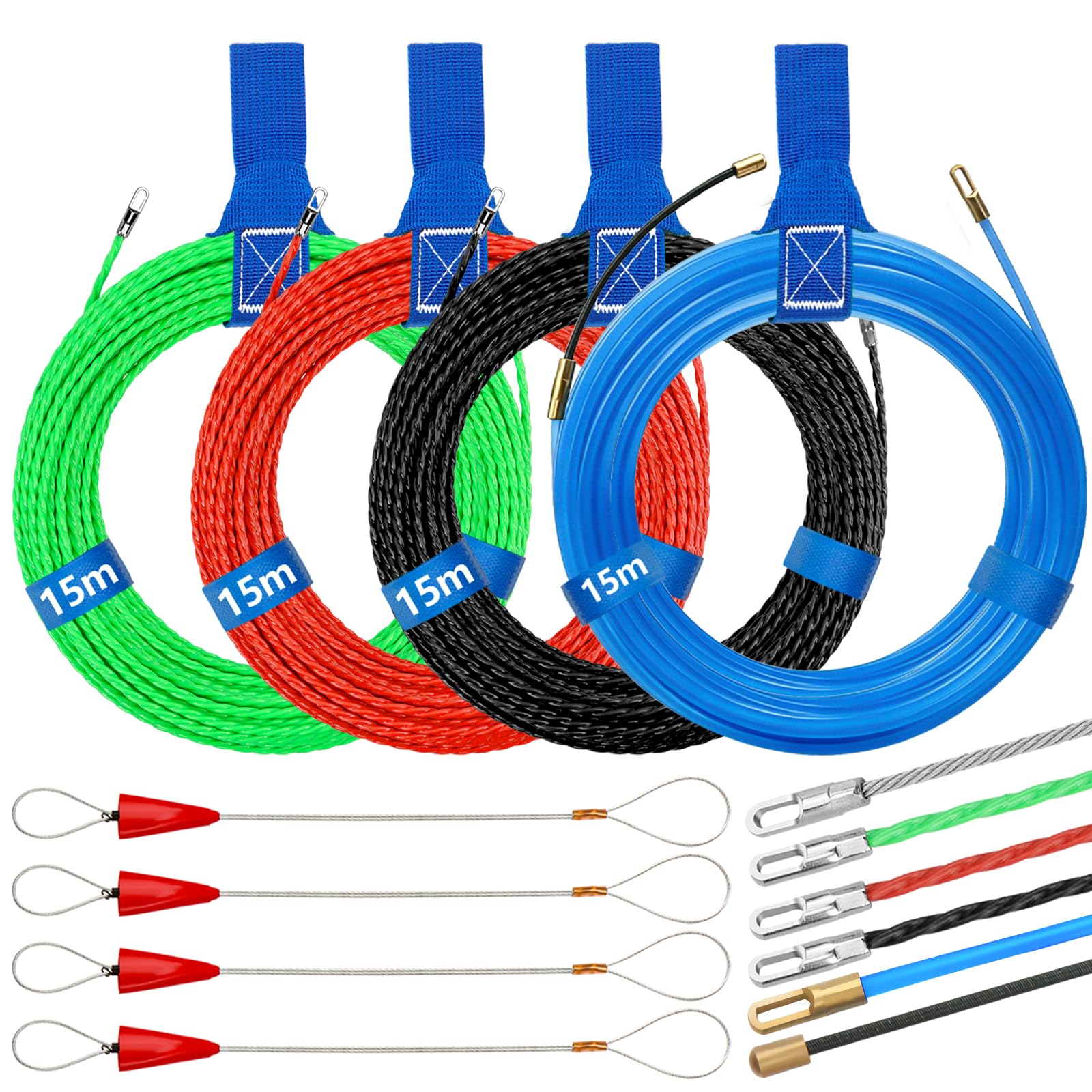 Pack of 4 Cable Pulling Aid 15 m, Retractable Spiral Pull Wire with 8 Guide Springs, Retracting Tape φ4 mm, Cable Retraction Aid for Cable Laying, Empty Pipes, Green, Red, Black, Blue