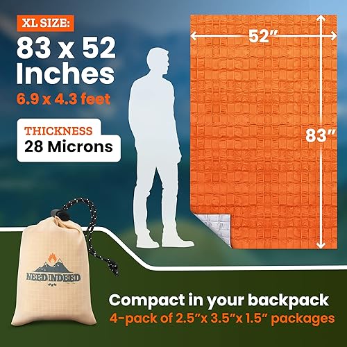 Miniatura 4 de Paquete de 4 mantas de emergencia espaciales, 83 x 52 pulgadas, plata, poliéster, alto rendimiento térmico, resistente al agua, compactas, unisex,