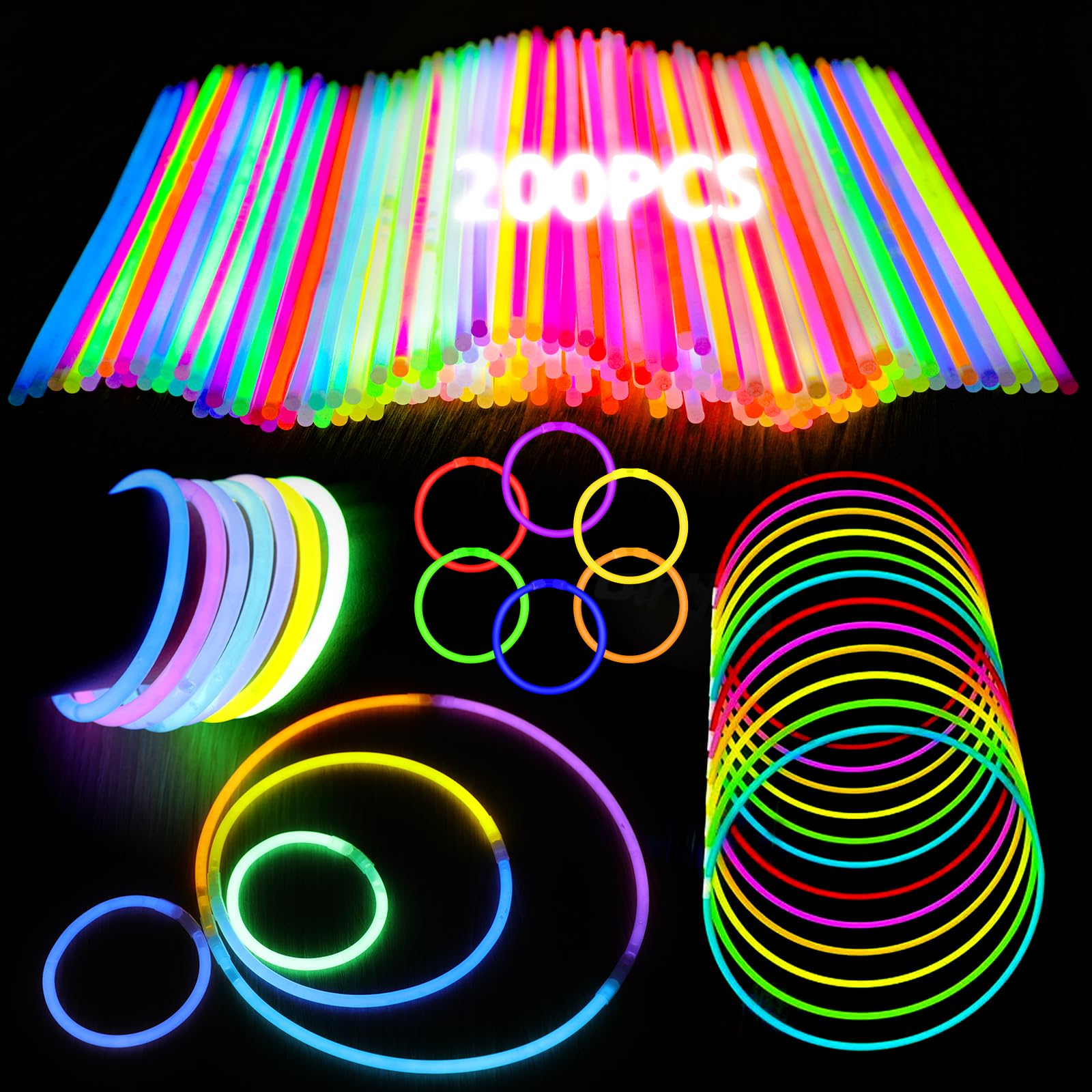 Kimimara Knicklichter Party-Set für Kinder – 200 Leuchtstäbe mit 200 Verbindern in 7 Farben – Party Deko & Kindergeburtstag Gastgeschenke für Festival, Halloween, Hochzeit & Weihnachten
