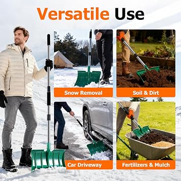 64 Long Handle Snow Shovel, Heavy Duty Metal Snow Shoveling Tool with 16 Wide Blade, 32mm Wide Ergonomic Handle & Anti-Freeze Foam for Snow Removal from Driveway & Car, Mulch, Soil, Grain and Seed