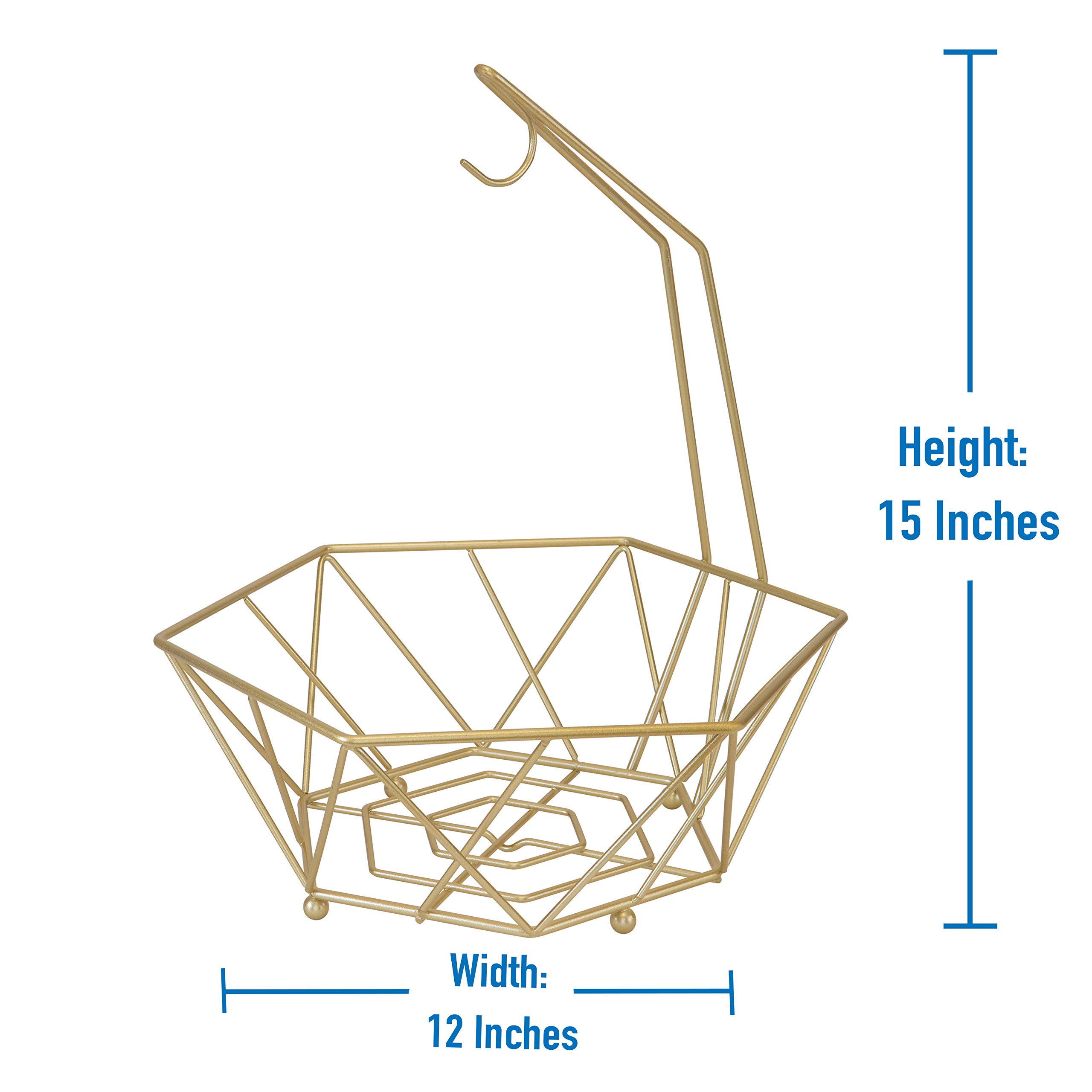 Kitchen Details Satin Gold Geode Decorative Basket Bowel with Banana Tree Hanger, Perfect for Fruits, Vegetables, Snacks & More, 13" x 11.4" x 15.4"
