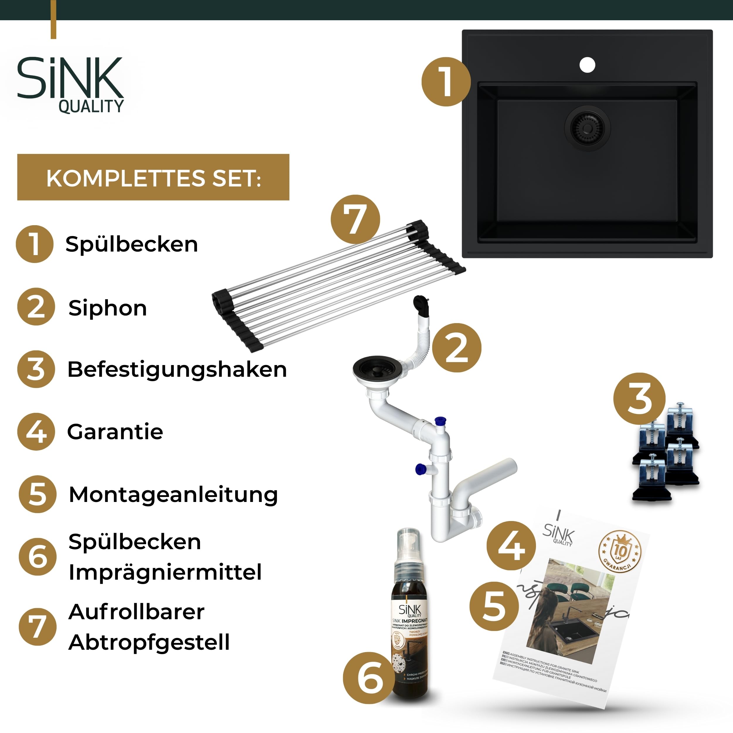 SINK QUALITY Spülbecken Alles Schwarz 56x51cm - Granitspüle mit Siphon Schwarz und Imprägnierung - Spüle für Unterschränke ab 60 cm Breite - Einzelbecken Einbauspüle - Waschbecken für Küche