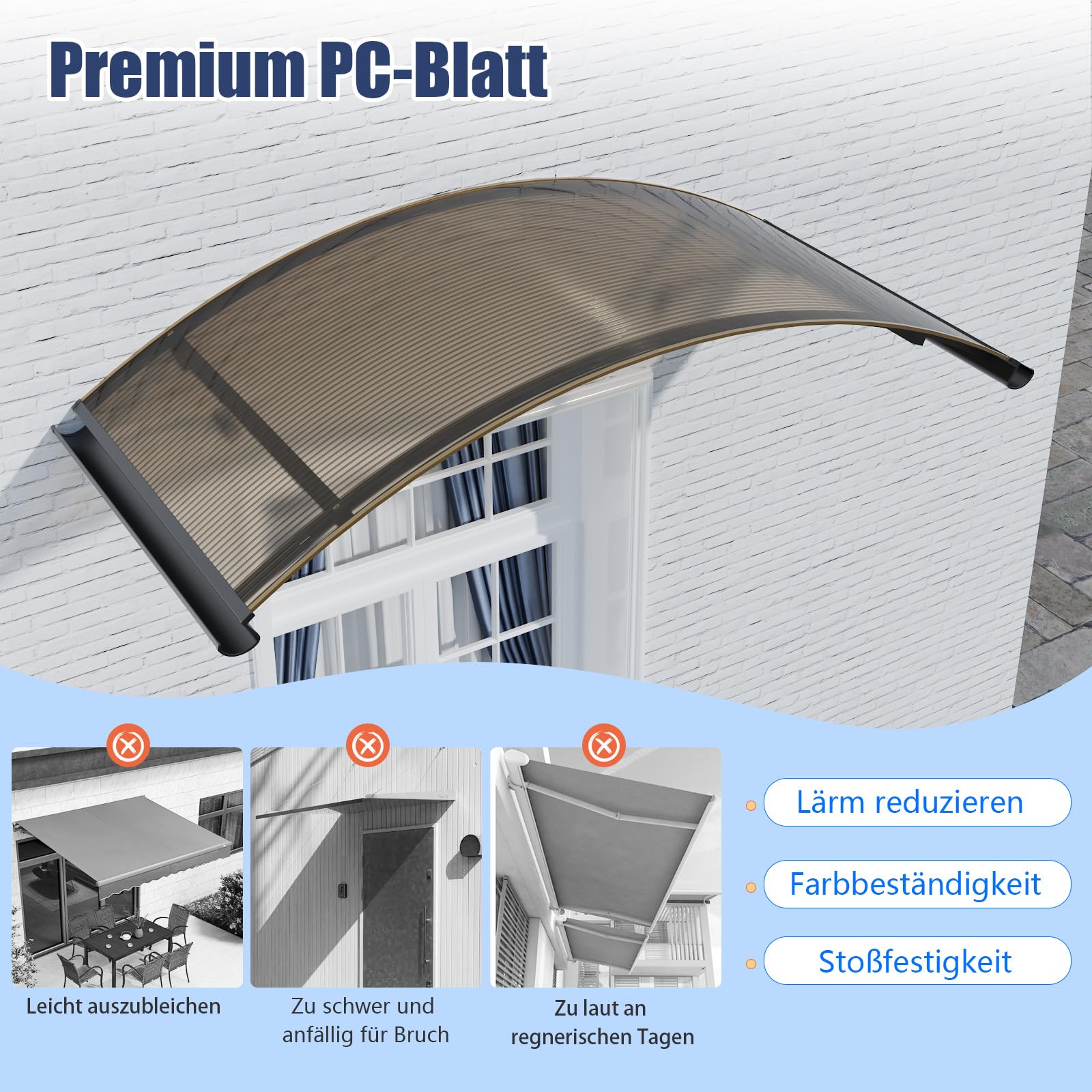 Vordach für Haustür 160x120 cm – Fenstervordach Überdachung aus Polycarbonat, Transparentes Bogenvordach mit UV-Schutz, Regen- & Schneeschutz, Türdach für Veranda, Balkon, Fenster
