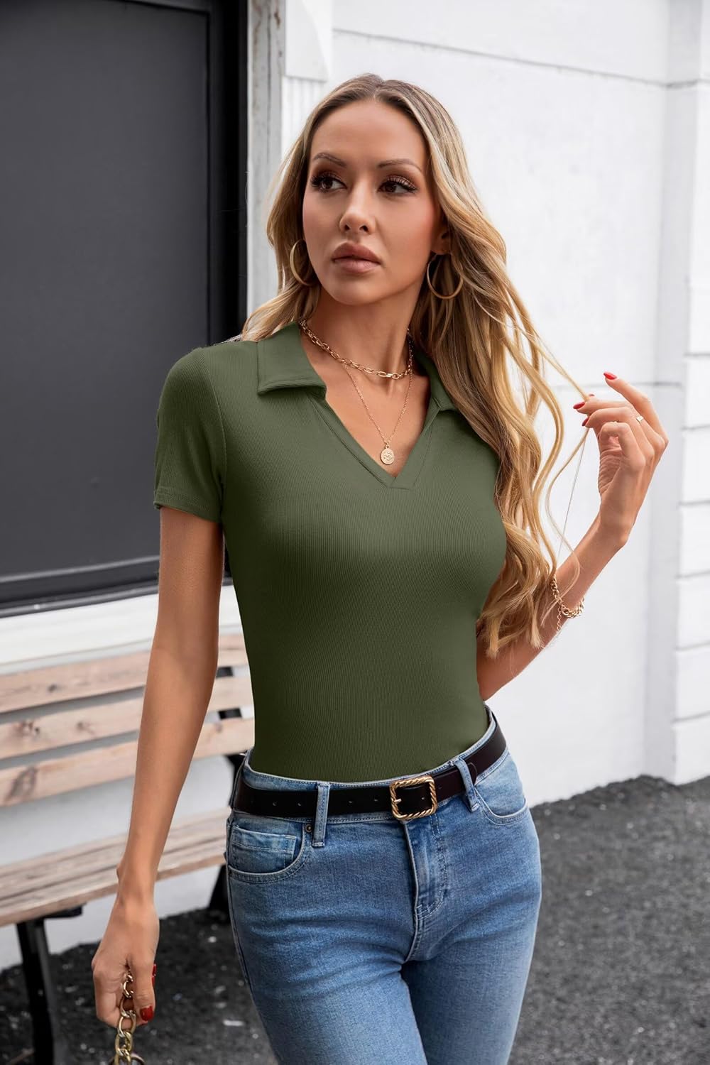 VICHYIE Womens Short Sleeve Shirts Lapel Collared V Neck Slim Fitted Ribbed Knit Tight Polo Tops - Image 4