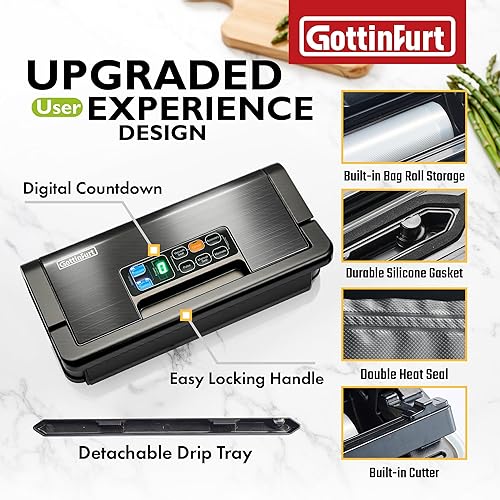 Miniatura 5 de Máquina selladora al vacío, potente aspiradora selladora de alimentos de 95 Kpa, funciones 10 en 1 con doble sellado térmico para alimentos