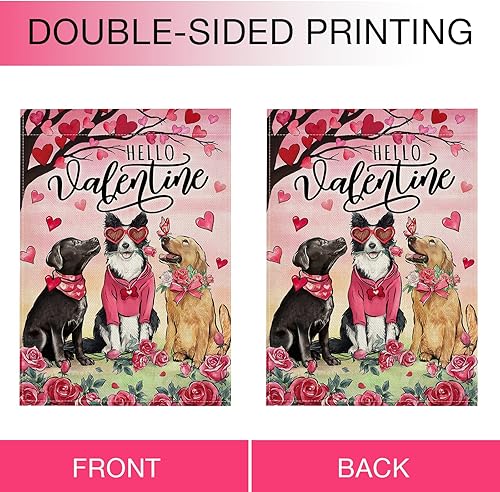 Miniatura 4 de Hzppyz Bandera de jardín con texto en inglés «Hello Valentine's Day Golden Retriever Dog Garden Flag» de doble cara, rosa, rojo, árbol del amor,