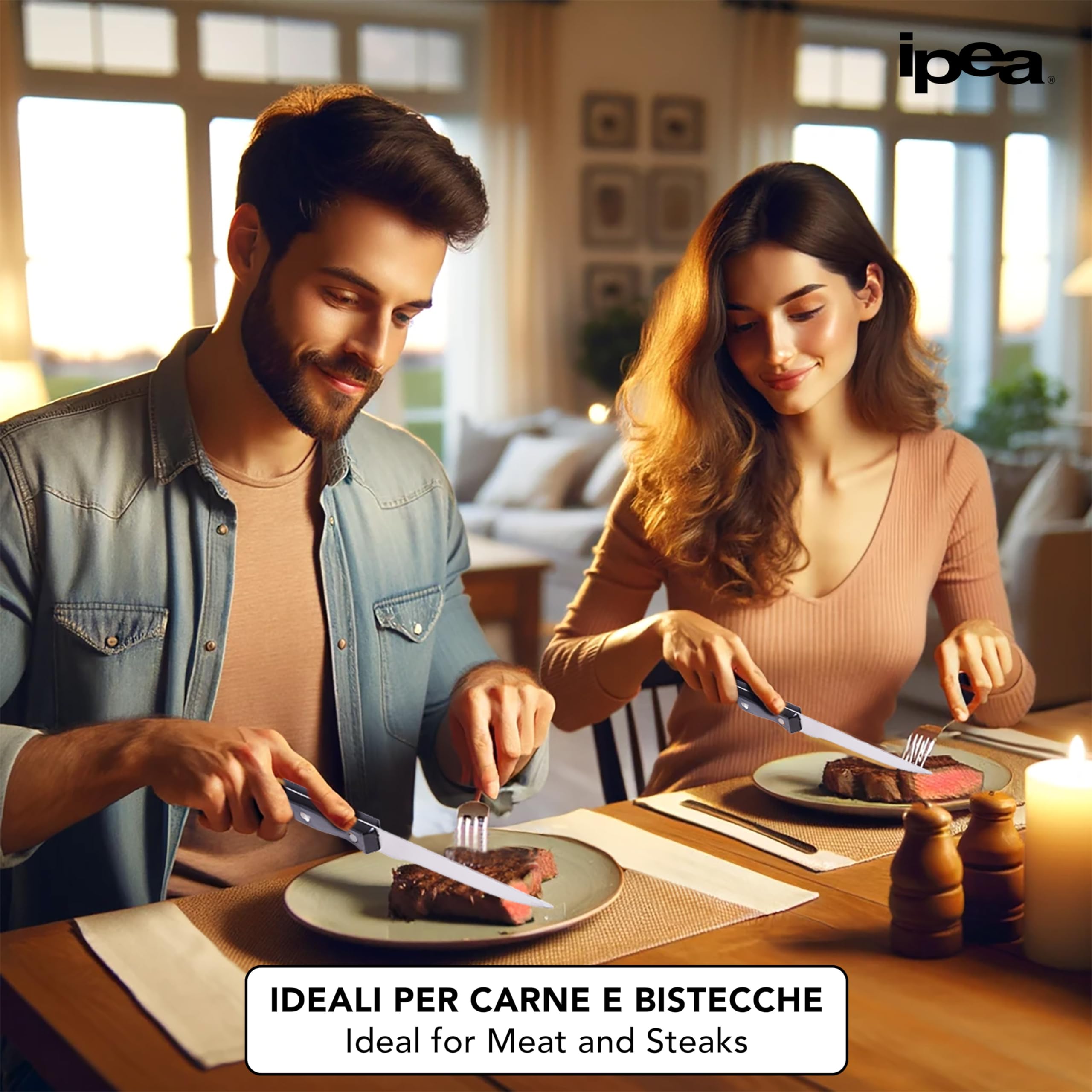 IPEA Cuchillos de Mesa para Carne - Juego de 6 - Cuchillo Carne Afilado con Hoja Lisa de Acero Inoxidable para Cortar Carne y Alimentos para Almuerzo y Cena - Cuchillos para Hogar y Cocina