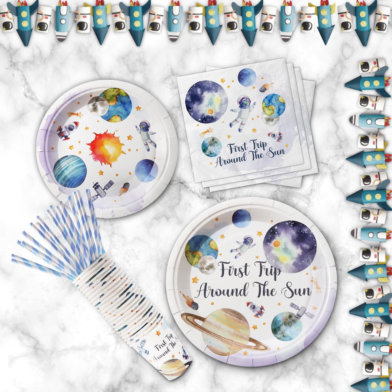 120 Pezzi Decorazioni per Feste di Compleanno a Tema First Trip Around the Sun, Articoli per Feste a Tema 1st Space Party, Stoviglie Monouso | Per 24