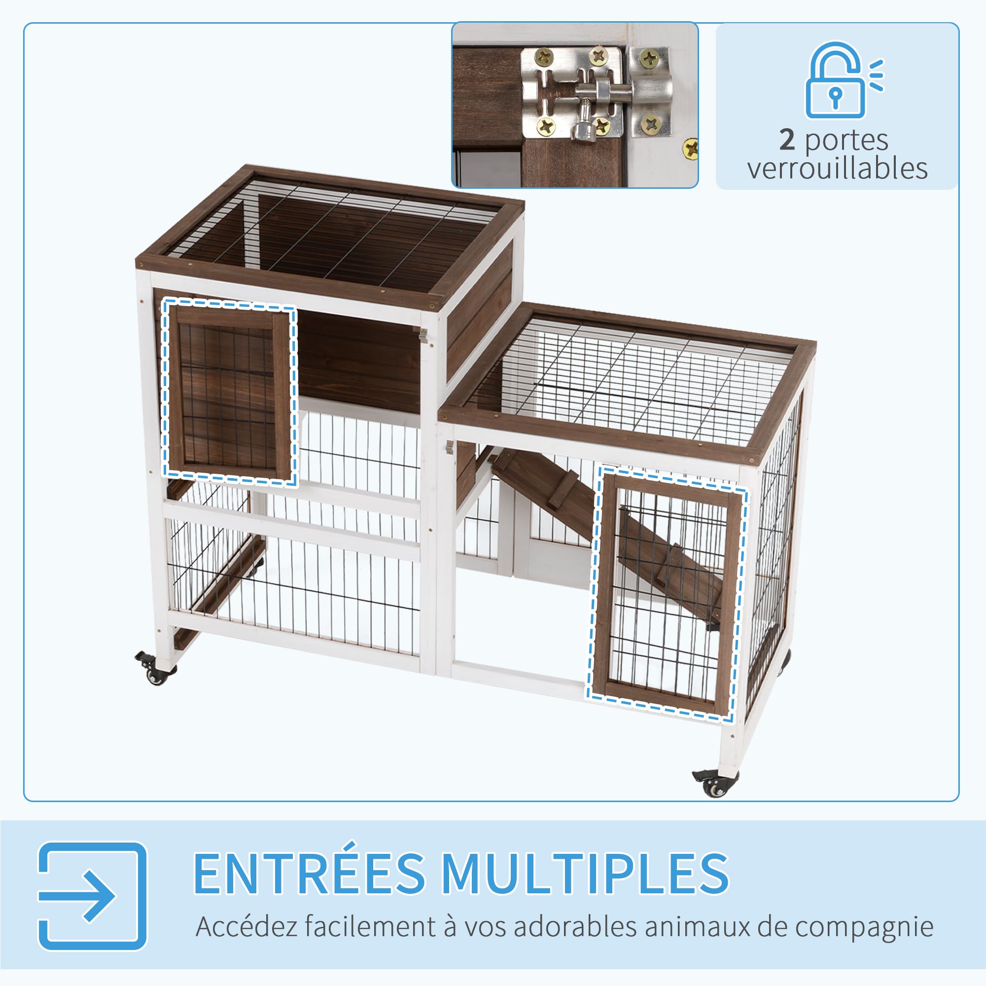 PawHut Clapier à Lapin sur roulettes Cage à Lapin intérieur extérieur 2 étages 2 Portes verrouillables 2 Plateaux coulissants Rampe Bois de Sapin Marron Blanc