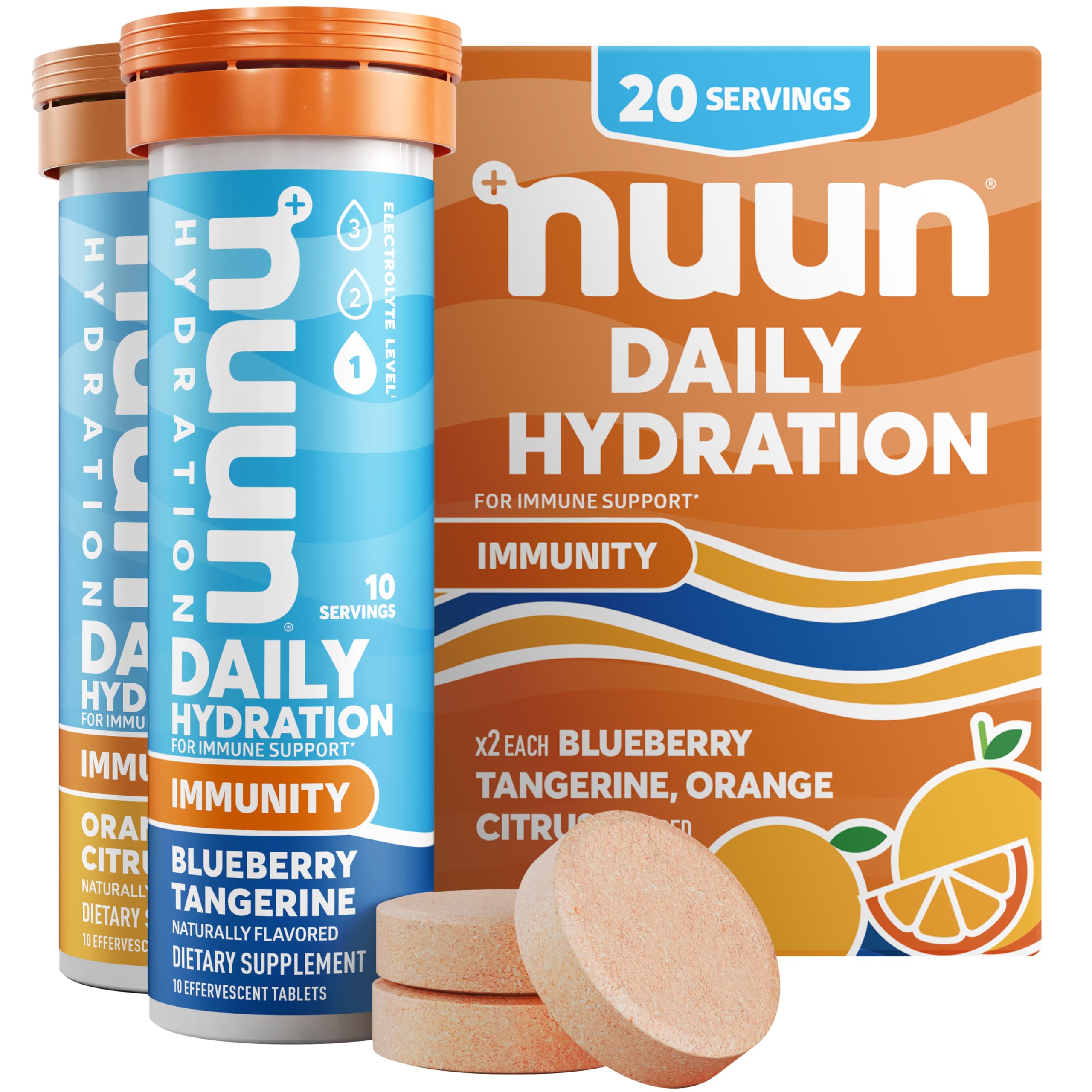 Nuun Immunity Electrolyte Tablets with Vitamin D, C, E, & A, Ginger, Elderberry, Magnesium & 4 Other Essential Electrolytes, Vegan, Blueberry Tangerine & Orange Citrus, 2 Pack (20 Servings Total)