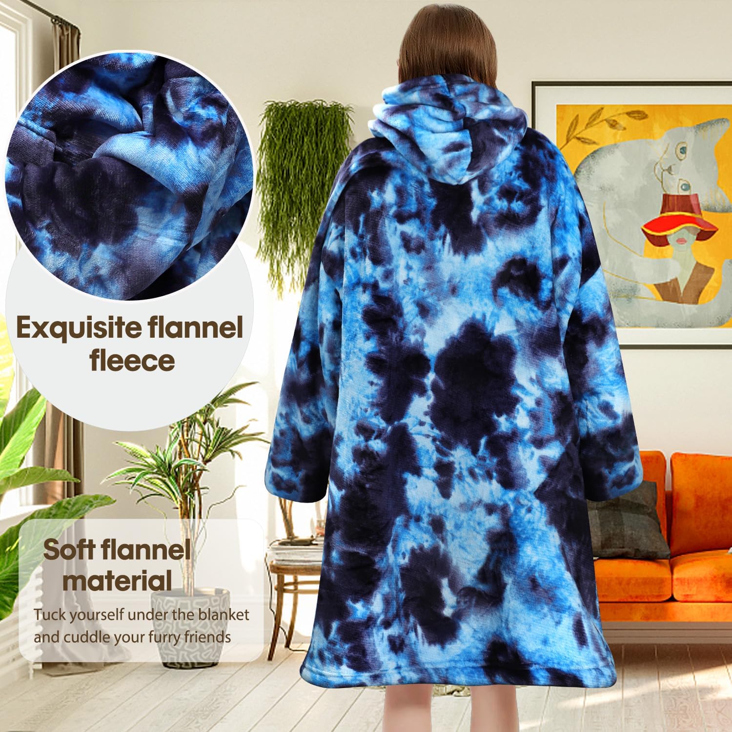 Wearable Blanket Hoodie Gifts for Adults Mom Women Men Oversized Fluffy Hoodie Cozy Hideout Hoodie Sweatshirt Sweater Blanket with Pocket (Tie-Dye-Blue) - Image 5