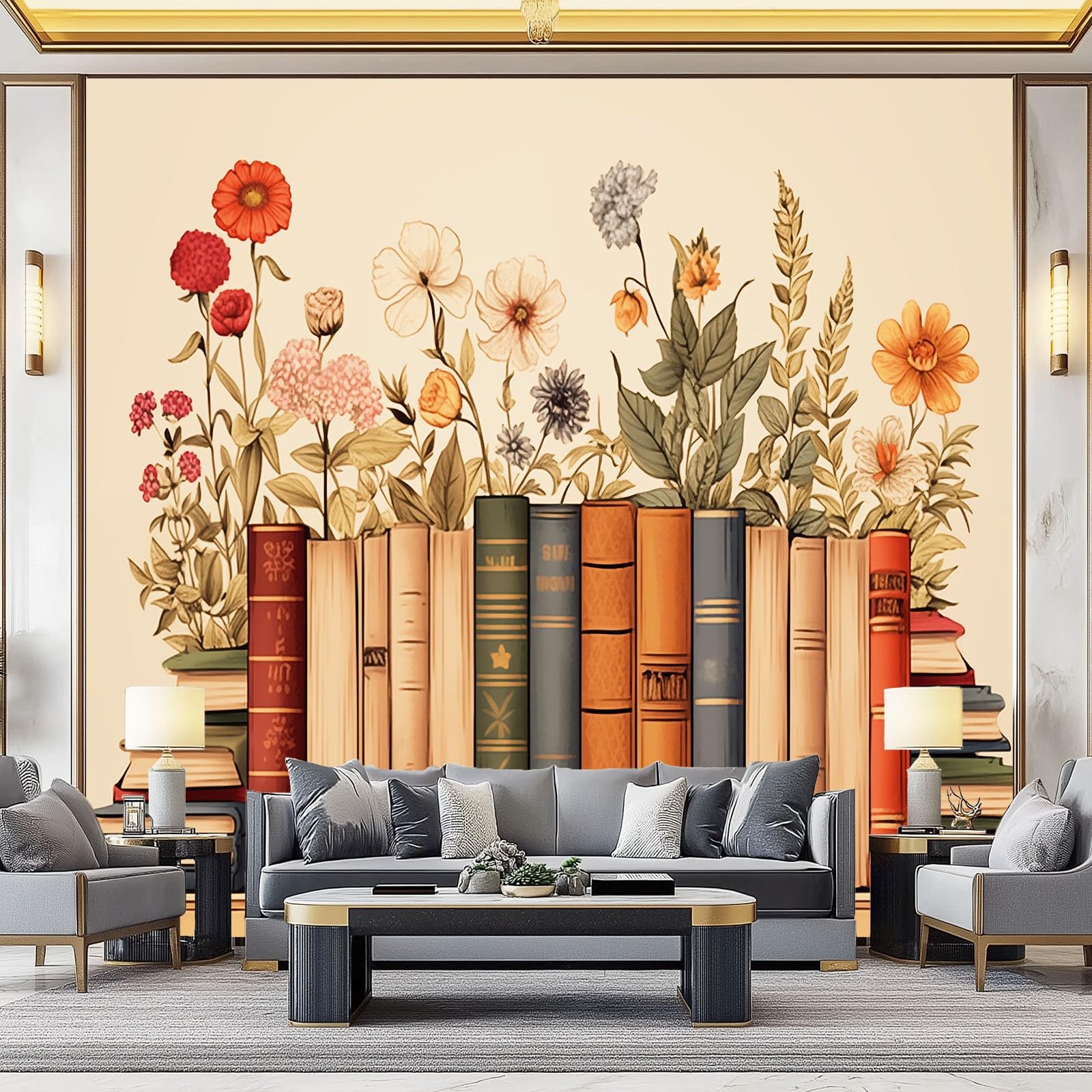 Fototapete Bücher Blumen Vintage Vlies Tapeten 350 x 256 cm Moderne Wandtapete Wanddekoration für Wohnzimmer Schlafzimmer Esszimmer Braune warme Farbe