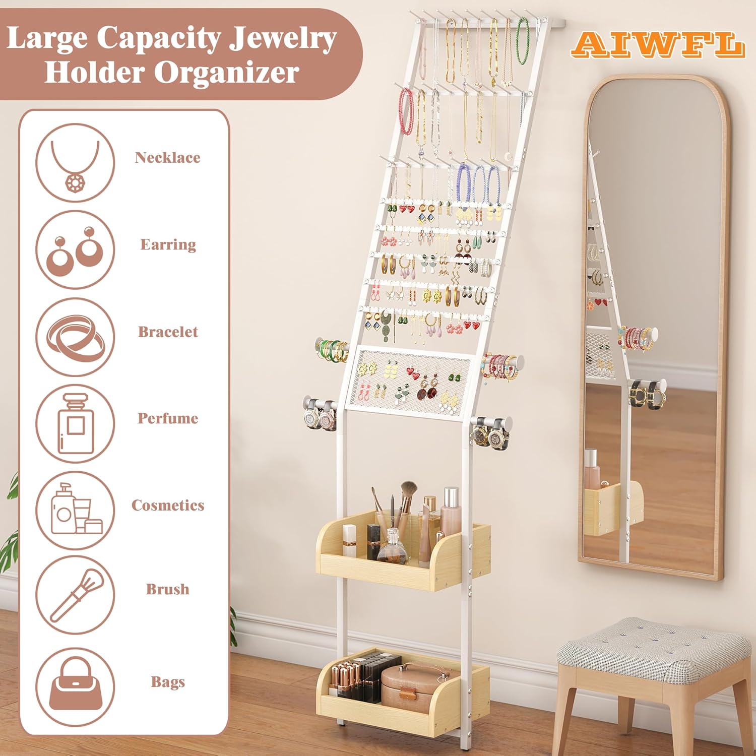 AIWFL Floor Standing Jewelry Organizer, Large Jewelry Organizer Wall with Earring Organizer Necklace Holder Bracelet Holder, Hanging Jewelry Display Stand for Earrings Rings Necklaces Bracelet Watch