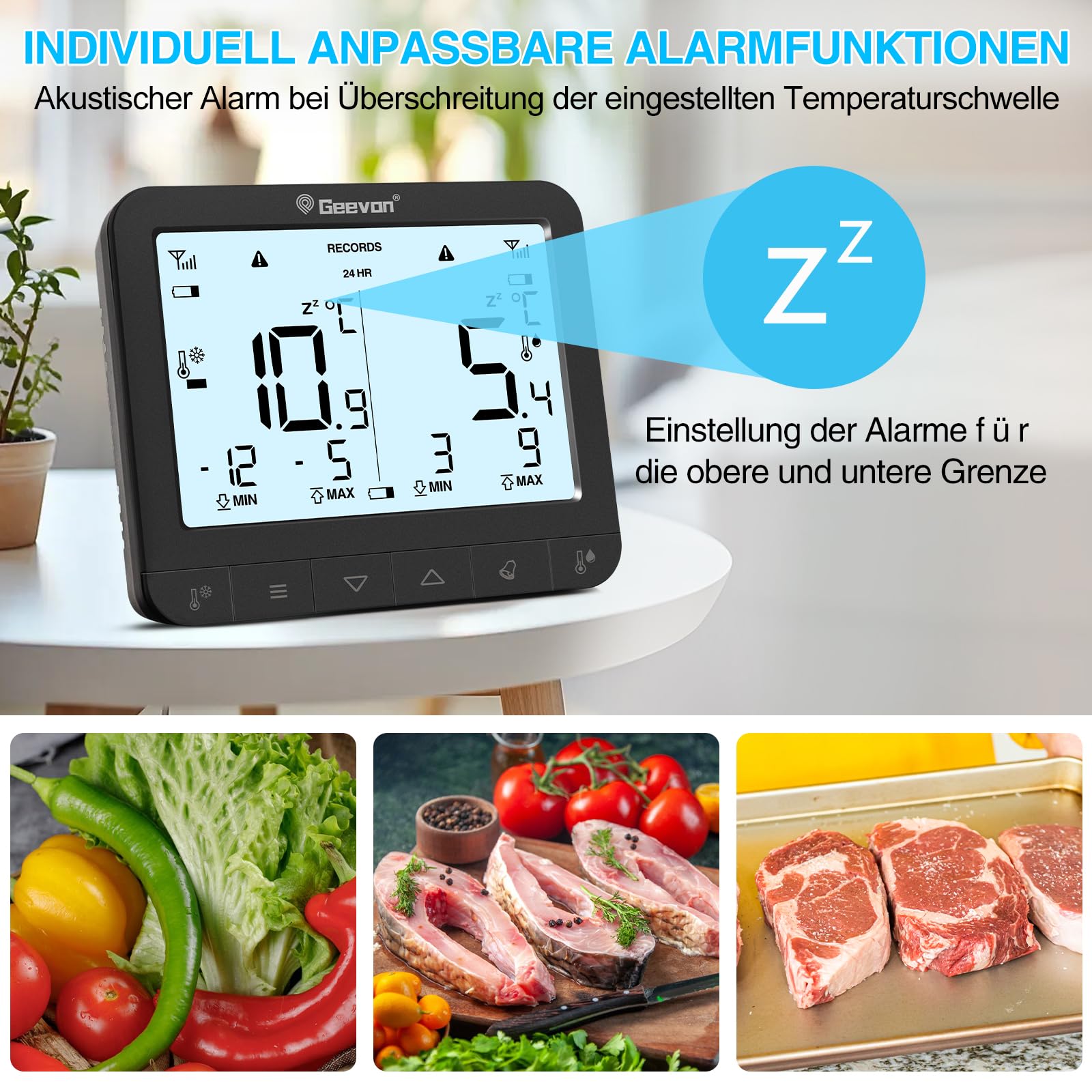 Geevon Thermomètre de réfrigérateur avec 2 capteurs, thermomètre numérique sans fil avec alarme d'enregistrement max/min, affichage numérique du thermomètre intérieur, alarme de réfrigérateur