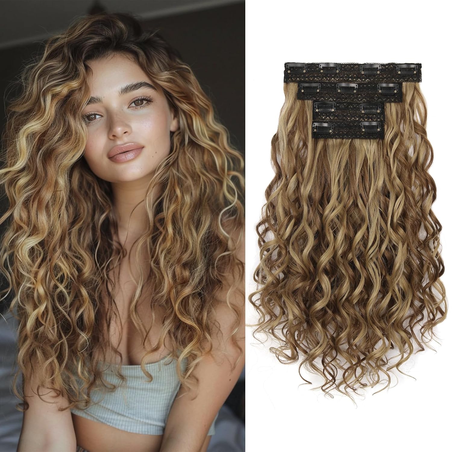 LEEONS Curly Clip in Hair Extensions, 4PCS 16 inch Curly/Wavy Hair Extensions Clip ins - Lace Weft Soft Natural Hairpieces for Women (Brown Beige with Golden Brown Highlights)