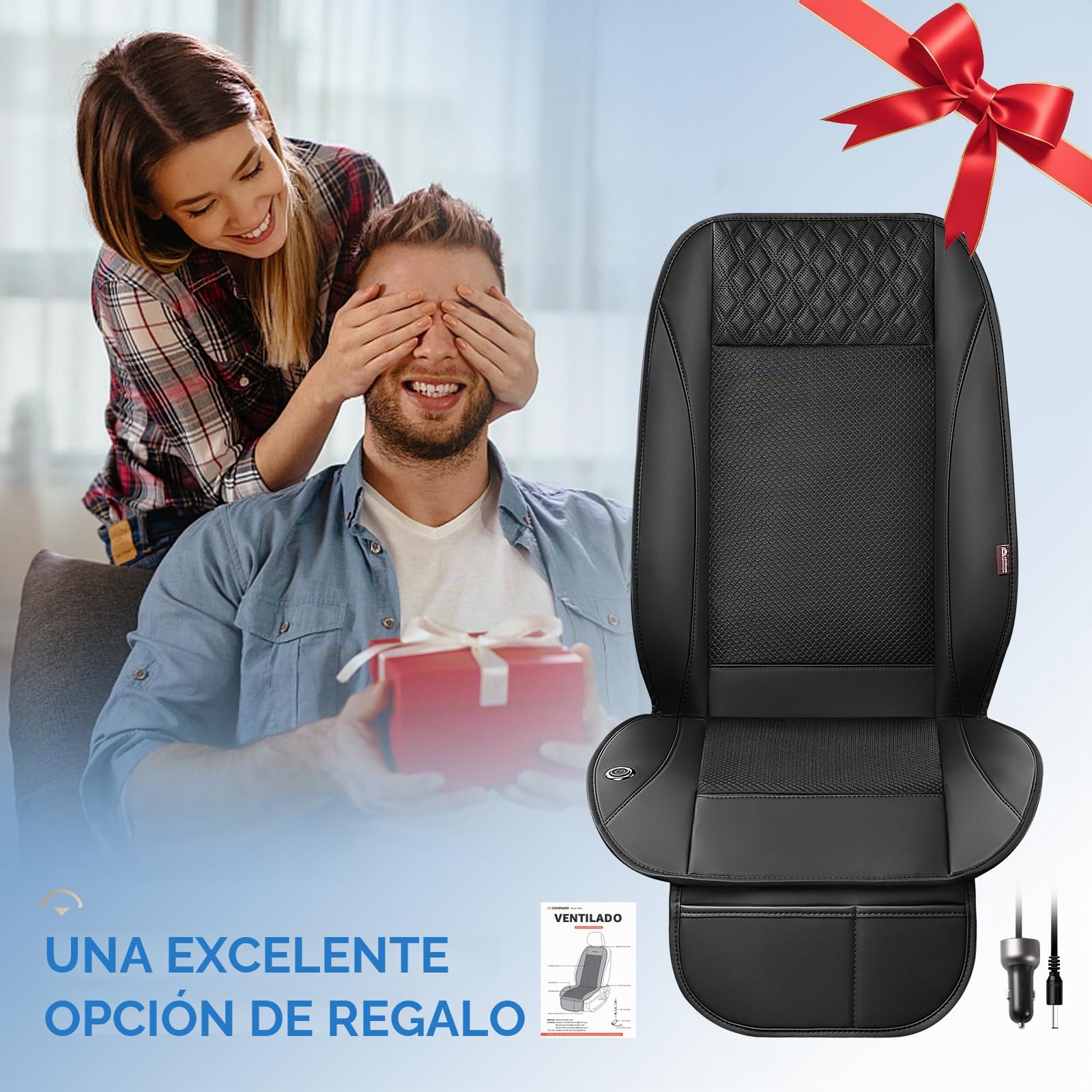 Coverado Verano Cojín de Asiento de Coche con Poderosa Ventiladores & 3-Velocidad Ajustable Funda de Asiento, Universal para Coche SUV camión LKW, Van, Negro