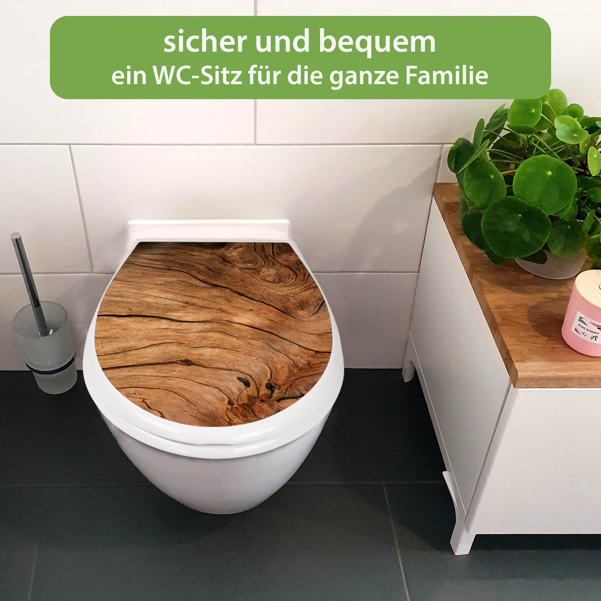 banjado Familien WC Sitz mit Absenkautomatik 44,9x37,1cm - Klobrille mit Kindersitz aus hochwertigem Polypropylen - Toilettendeckel mit Kinder Toilettensitz integriert - Motiv Trockenes Holz