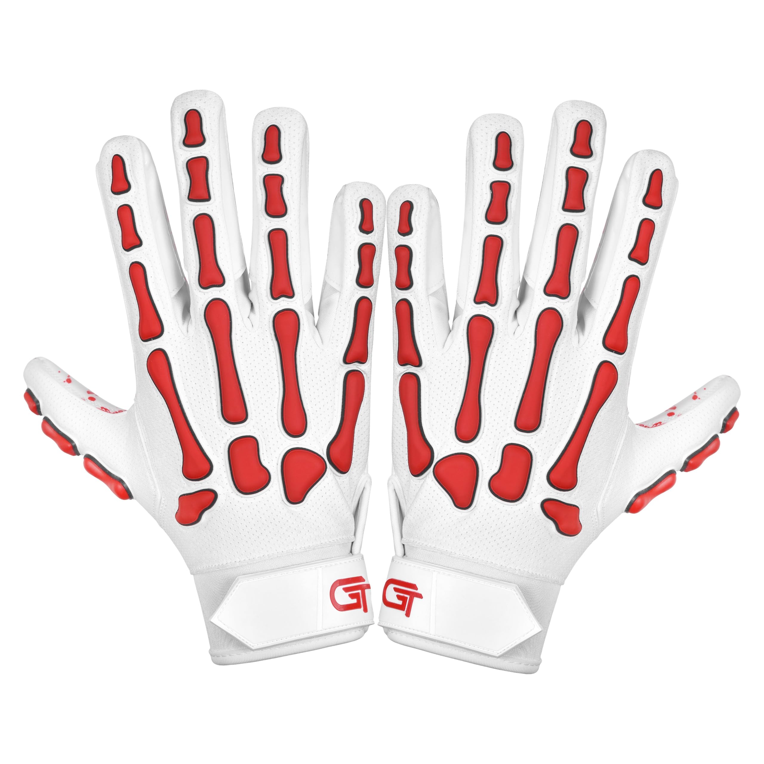 Glorious Traders Youth Football Gloves American Wide Receiver Injected Bones Football Gloves for Adult Men Women & Boys with Super Sticky Silicone Grip Palms (White Red, Adult Extra Large)