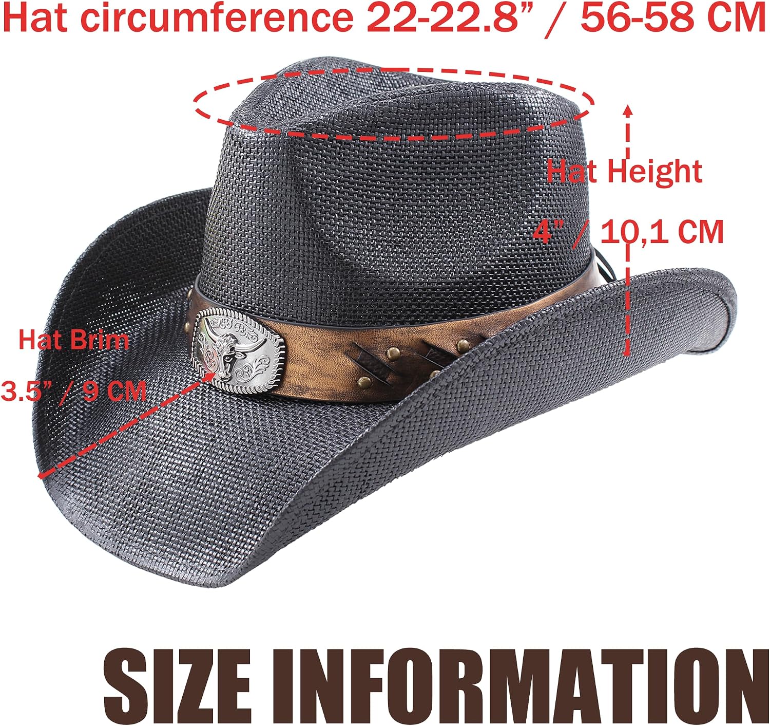 Western Cowboy Hat with Bull Buckle, Adjustable Unisex Straw Hat for Rodeos, Ranch, Summer and Festivals