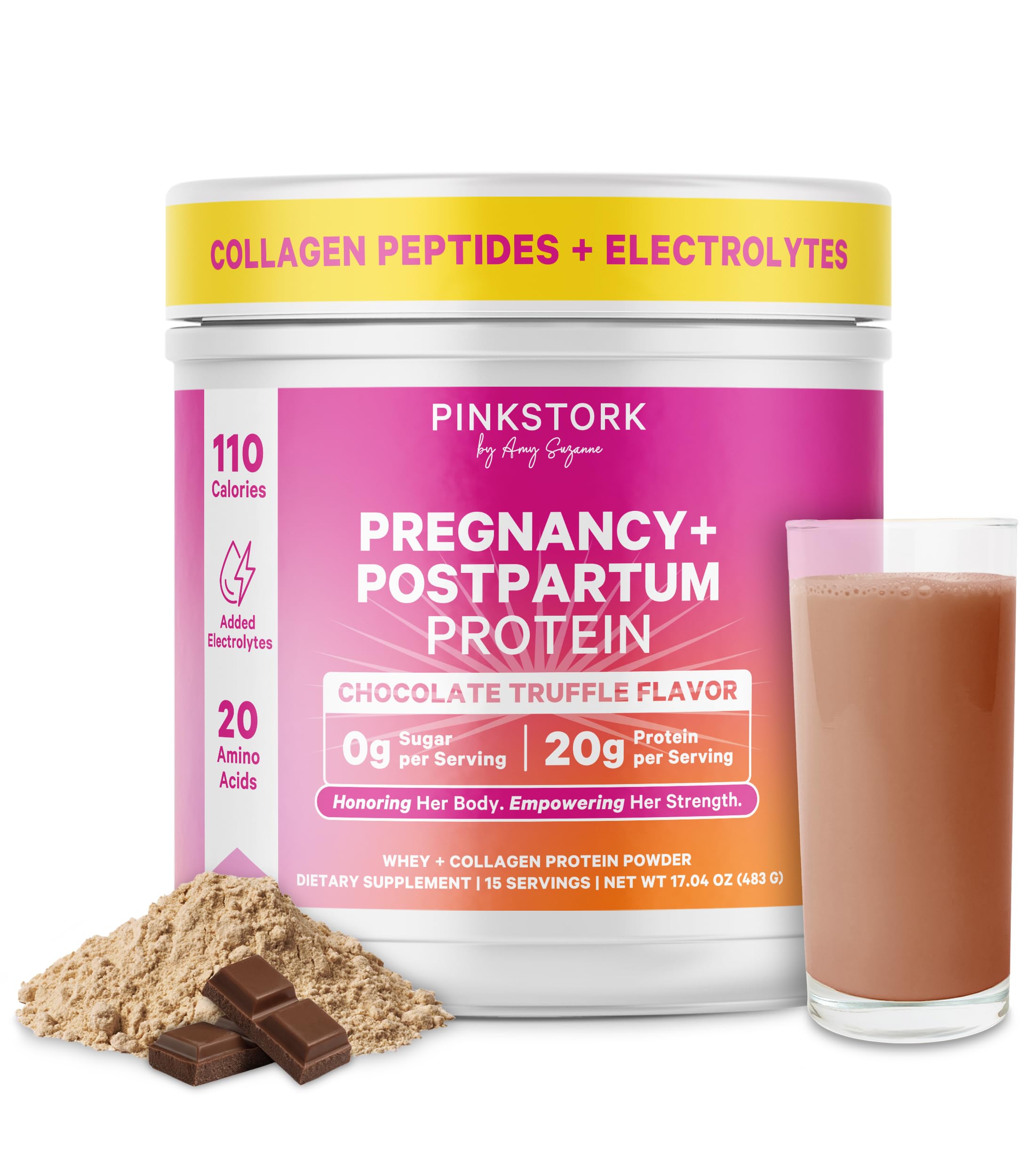 Pink Stork Pregnancy & Postpartum Protein Powder for Women, 20g Whey & Collagen, Prenatal & Breastfeeding Protein Shake Mix for Energy, Recovery & Hydration, Chocolate, 15 Servings