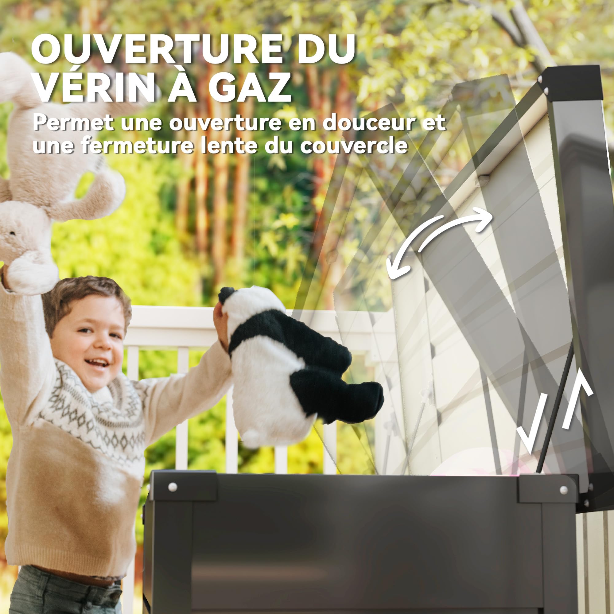 Outsunny Scatola da giardino in metallo 450 l, in acciaio zincato, impermeabile, con doppio cilindro a gas, contenitore con serratura per cuscini, attrezzi e terrazza, colore: grigio antracite