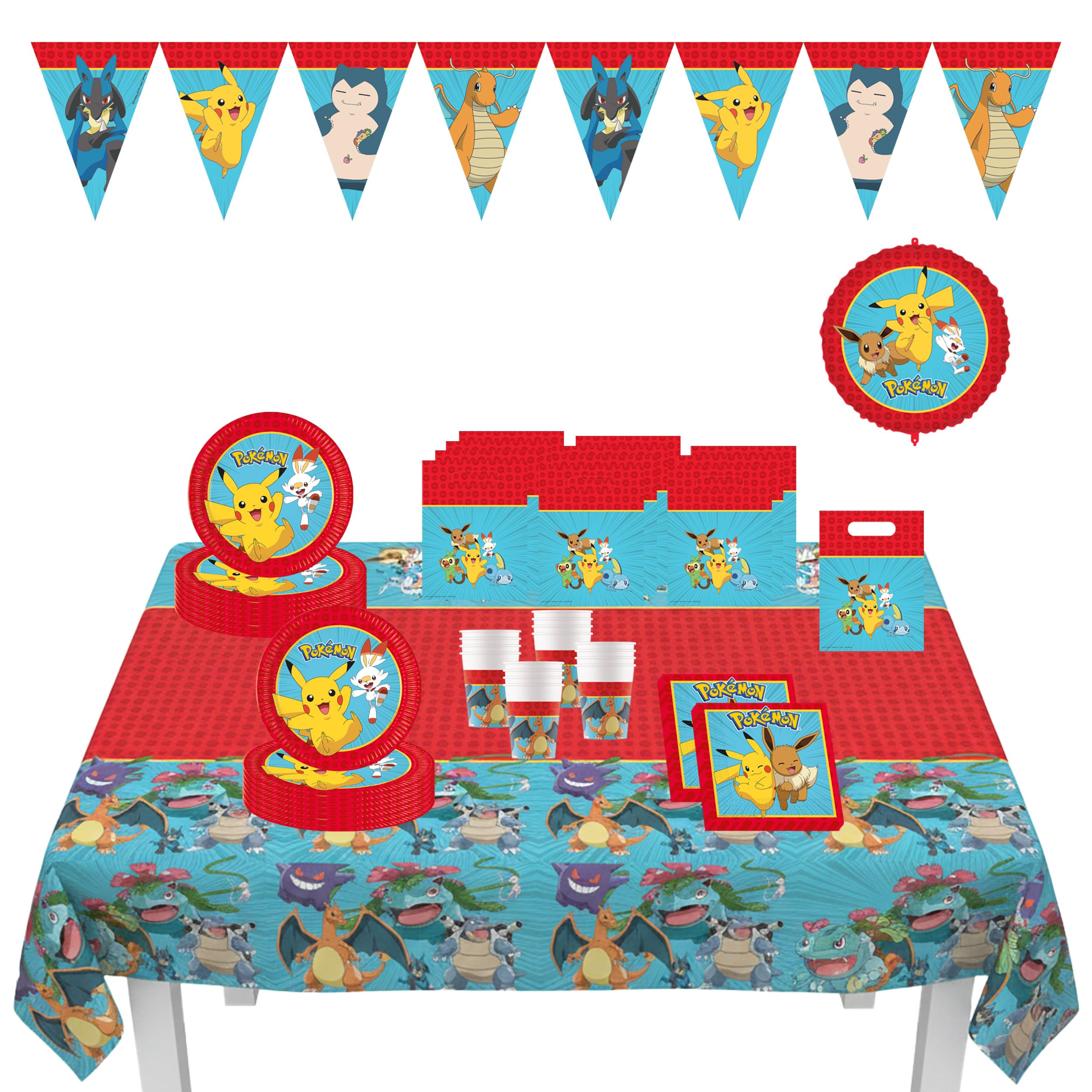 Procos - Decorazioni di compleanno Pokemon, 67 pezzi, per feste di compleanno per bambini con stoviglie monouso e decorazioni per feste