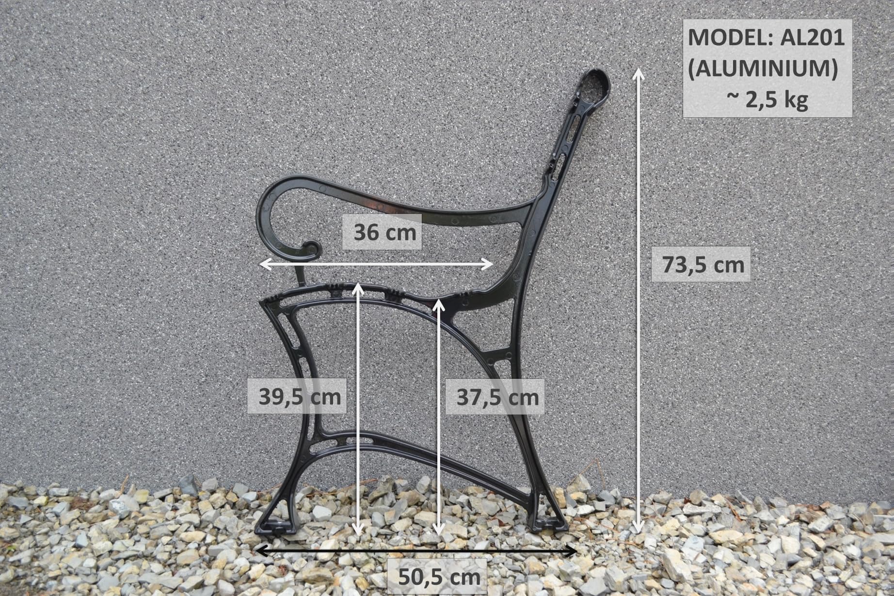 SEZAM Bankfüße aus Aluminium Schwarz x 2 Stück, mit Rückenlehne & Armstütze - 51 x 38 x 74 cm, für 6 Holzbankbretter - für Gartenbänke, Seitenteil