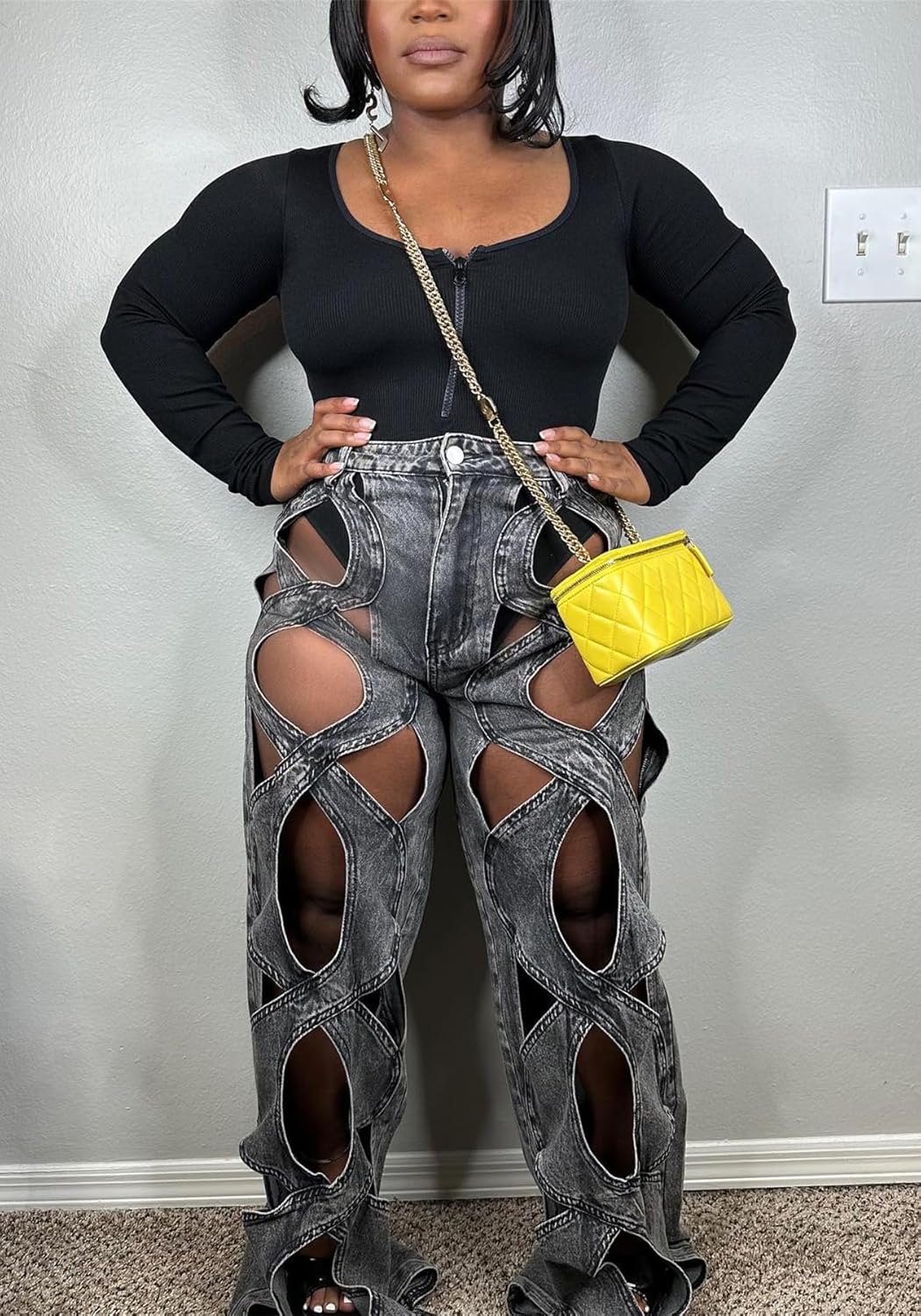 Women Sexy Hollow Out Baggy Jeans Y2k High Waisted Straight Leg Criss Cross Denim Pants - Image 4